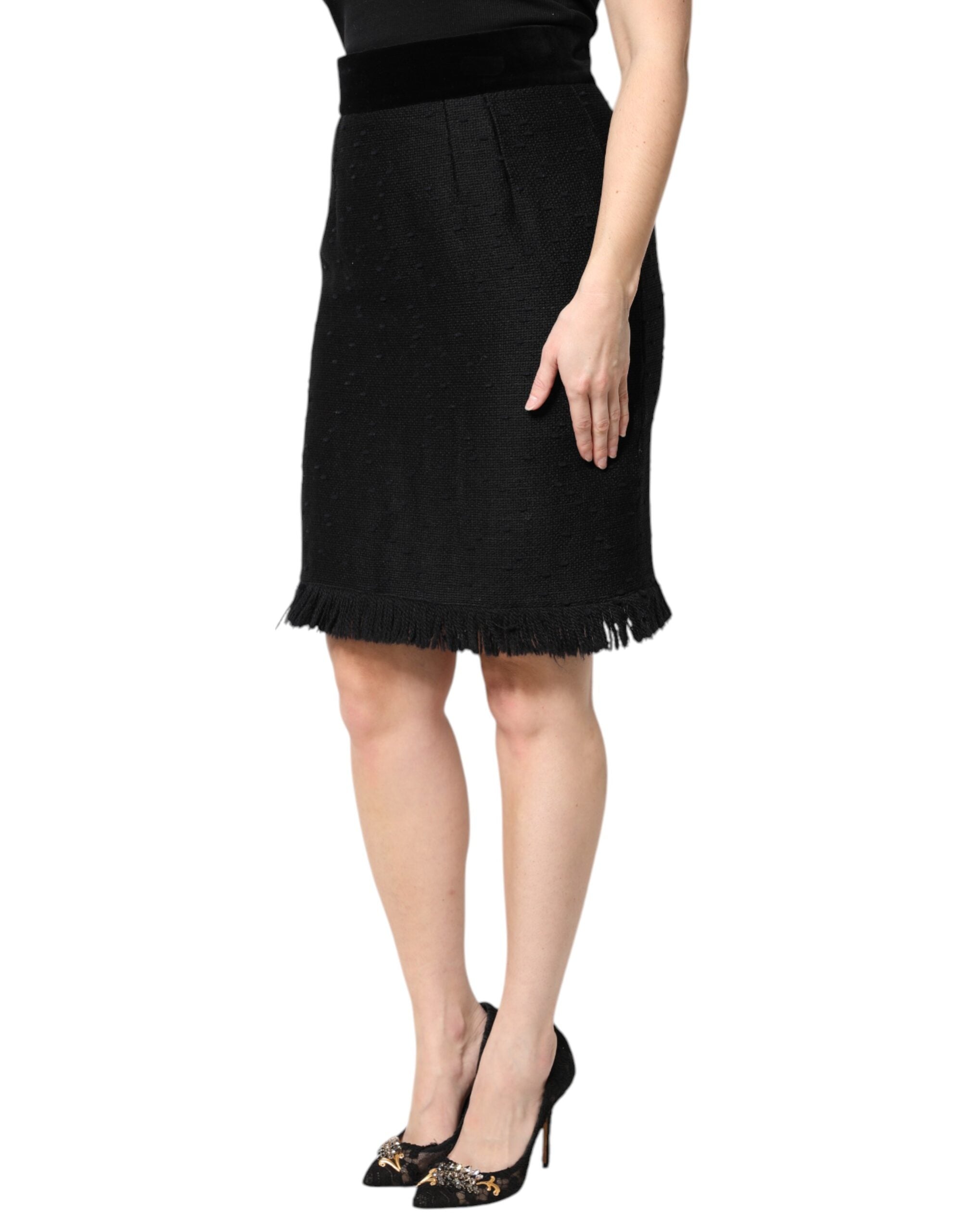 Dolce & Gabbana – Schwarzer Bleistift-Minirock mit hoher Taille und Fransen aus Wolle