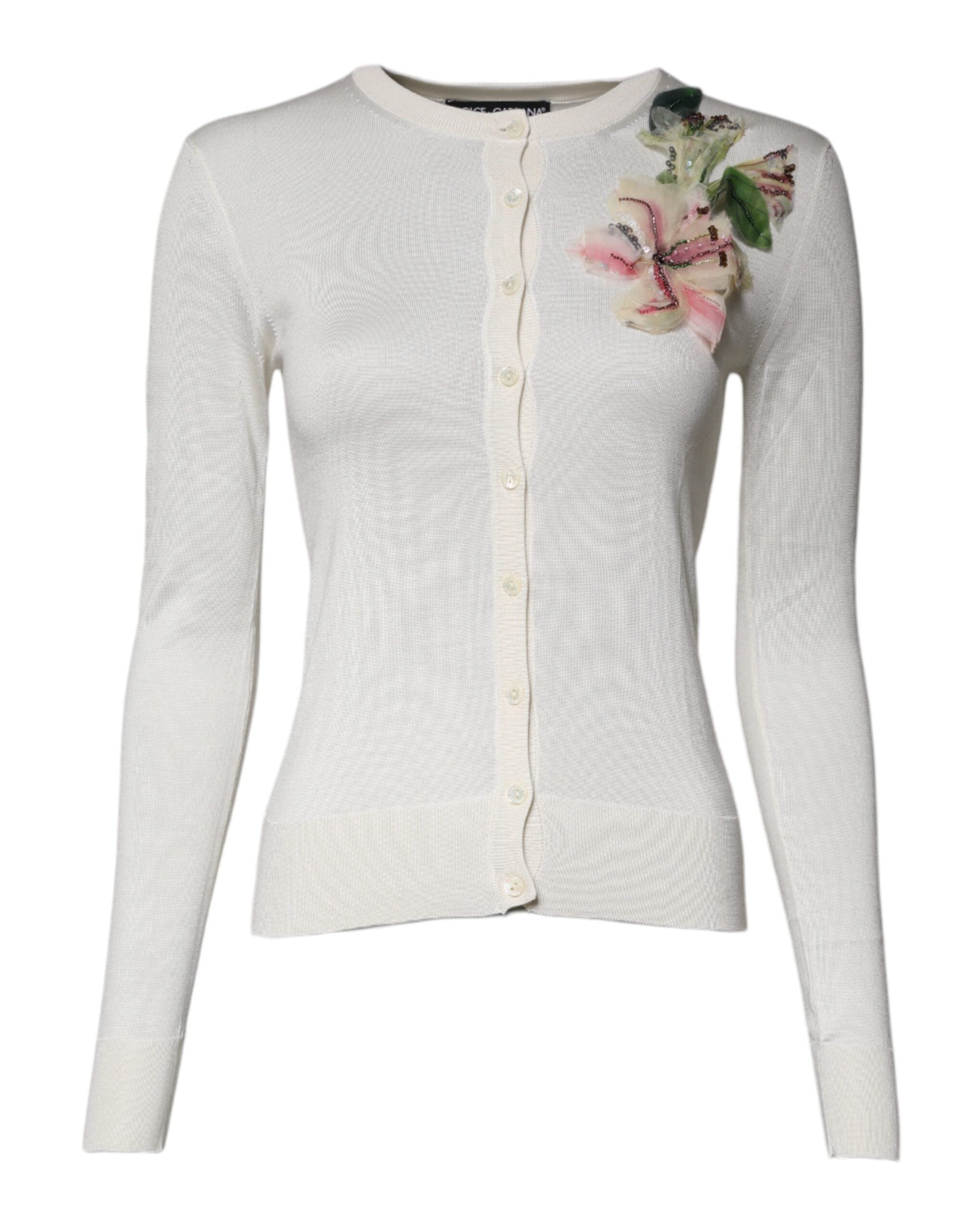 Dolce & Gabbana – Cremefarbener Cardigan aus Seide mit Blumenverzierung