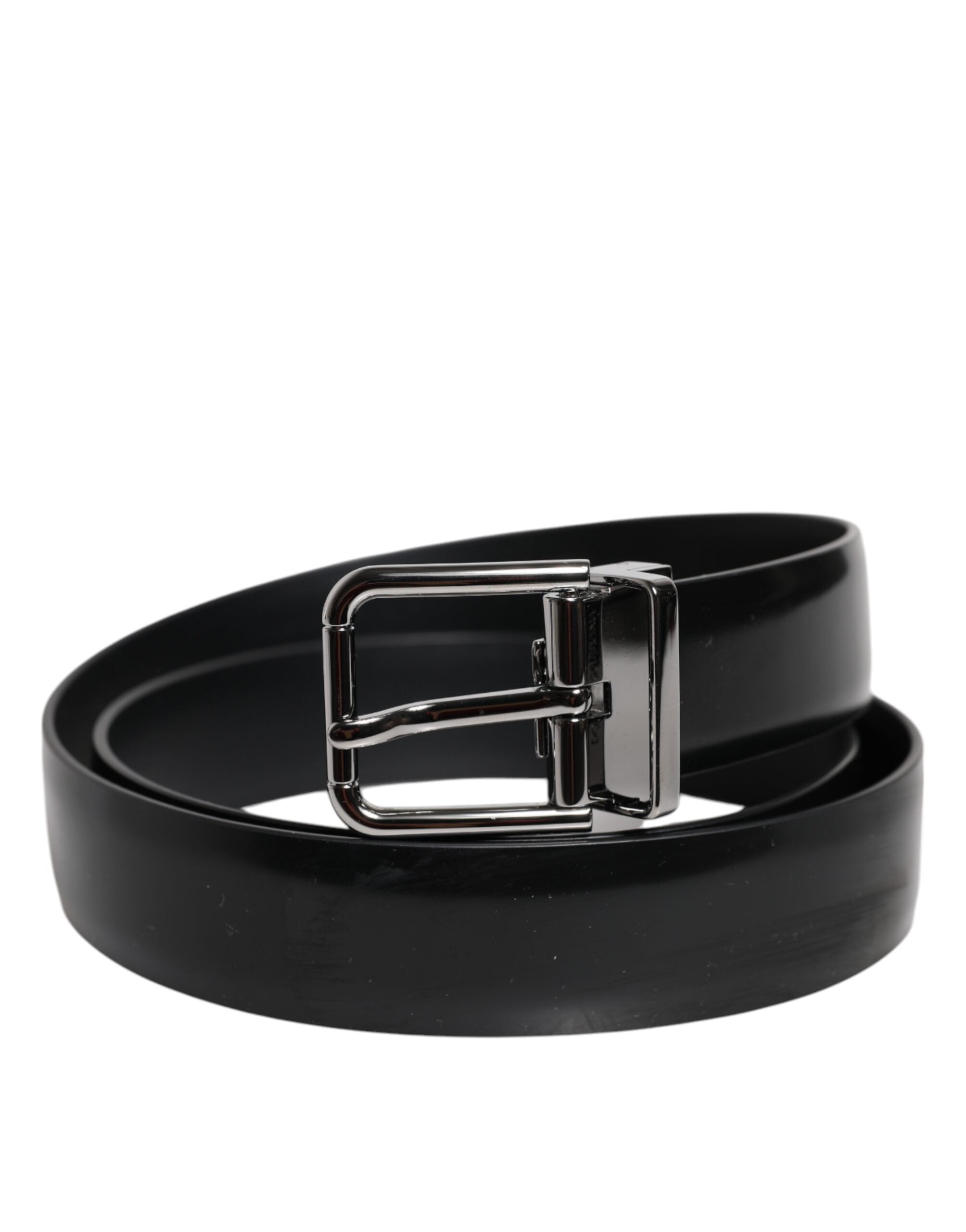 Dolce & Gabbana – Schwarzer, glänzender Ledergürtel mit silberner Metallschnalle