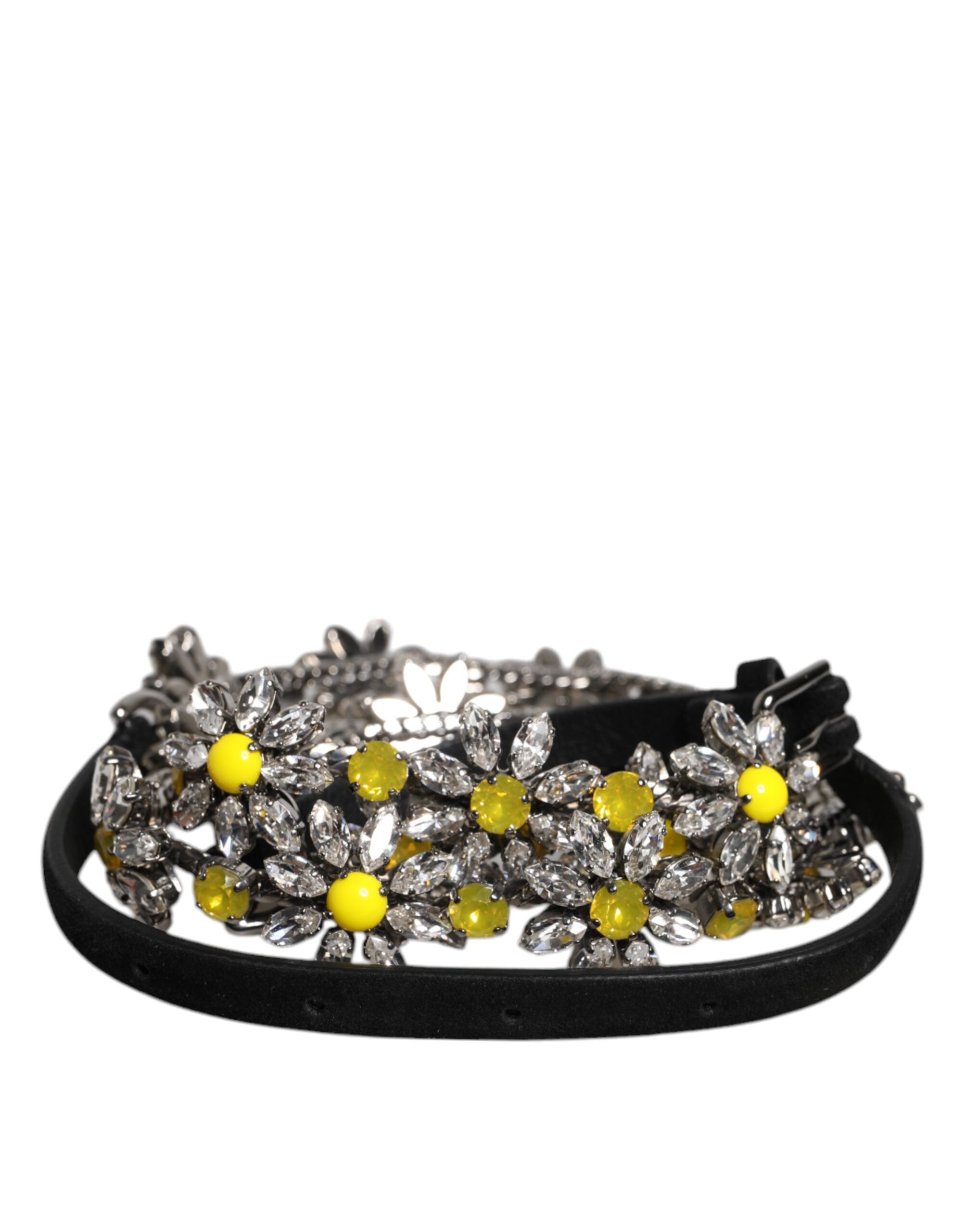Curea Dolce & Gabbana din piele neagră cu cristale și margarete