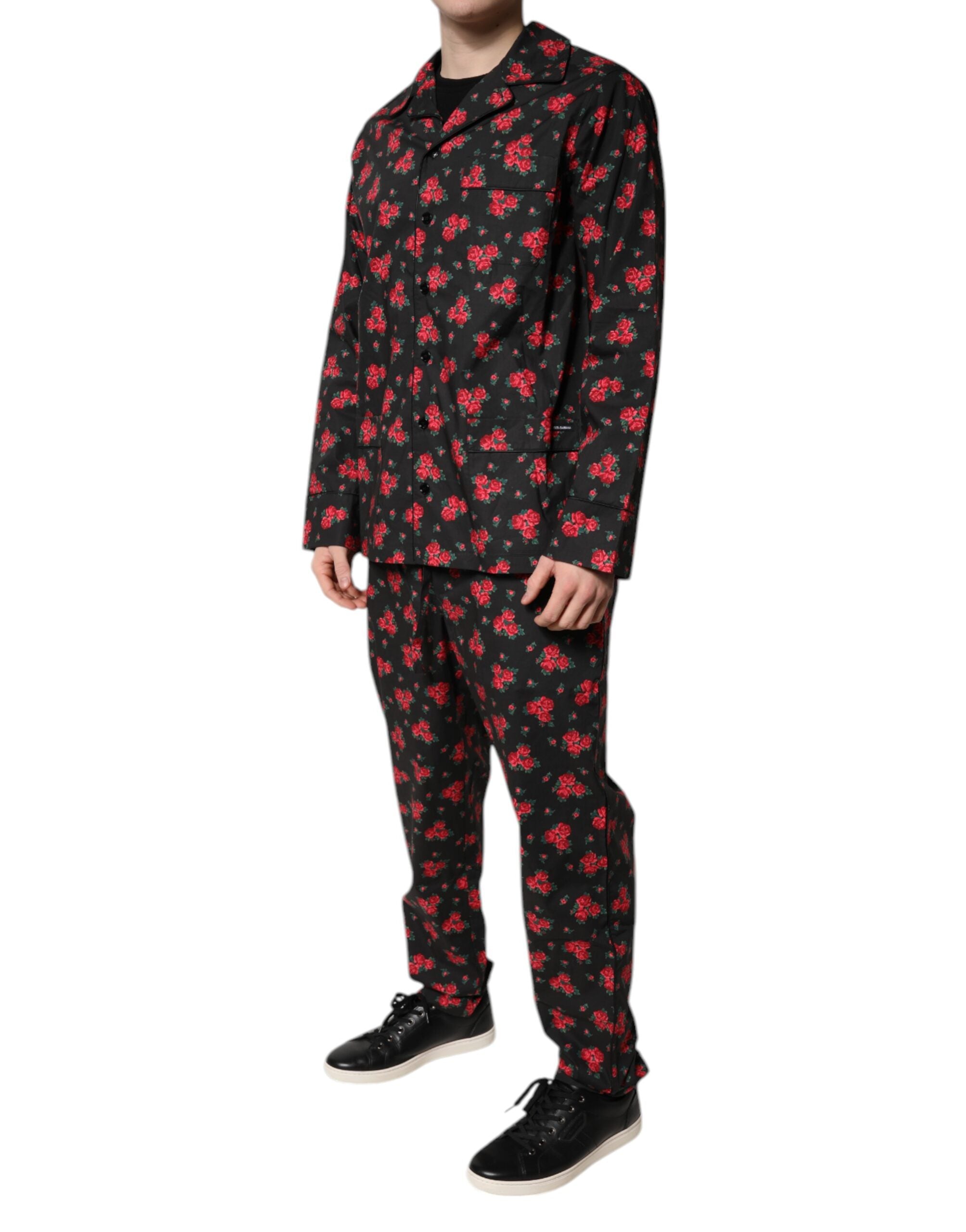 Dolce & Gabbana – Schwarzes Pyjama-Set aus Baumwolle mit Blumendruck für Herren