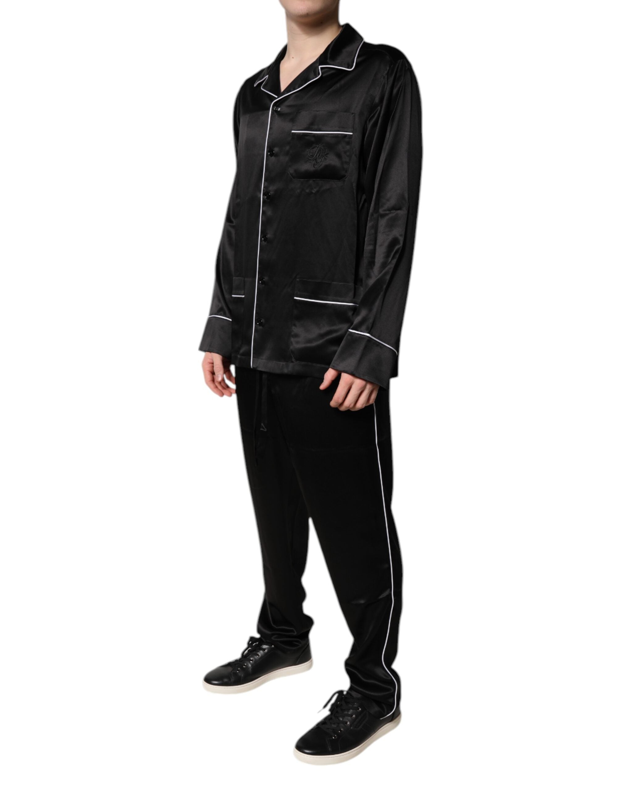 Dolce & Gabbana – Pyjama-Set aus schwarzer Seide mit Hemd und Hose