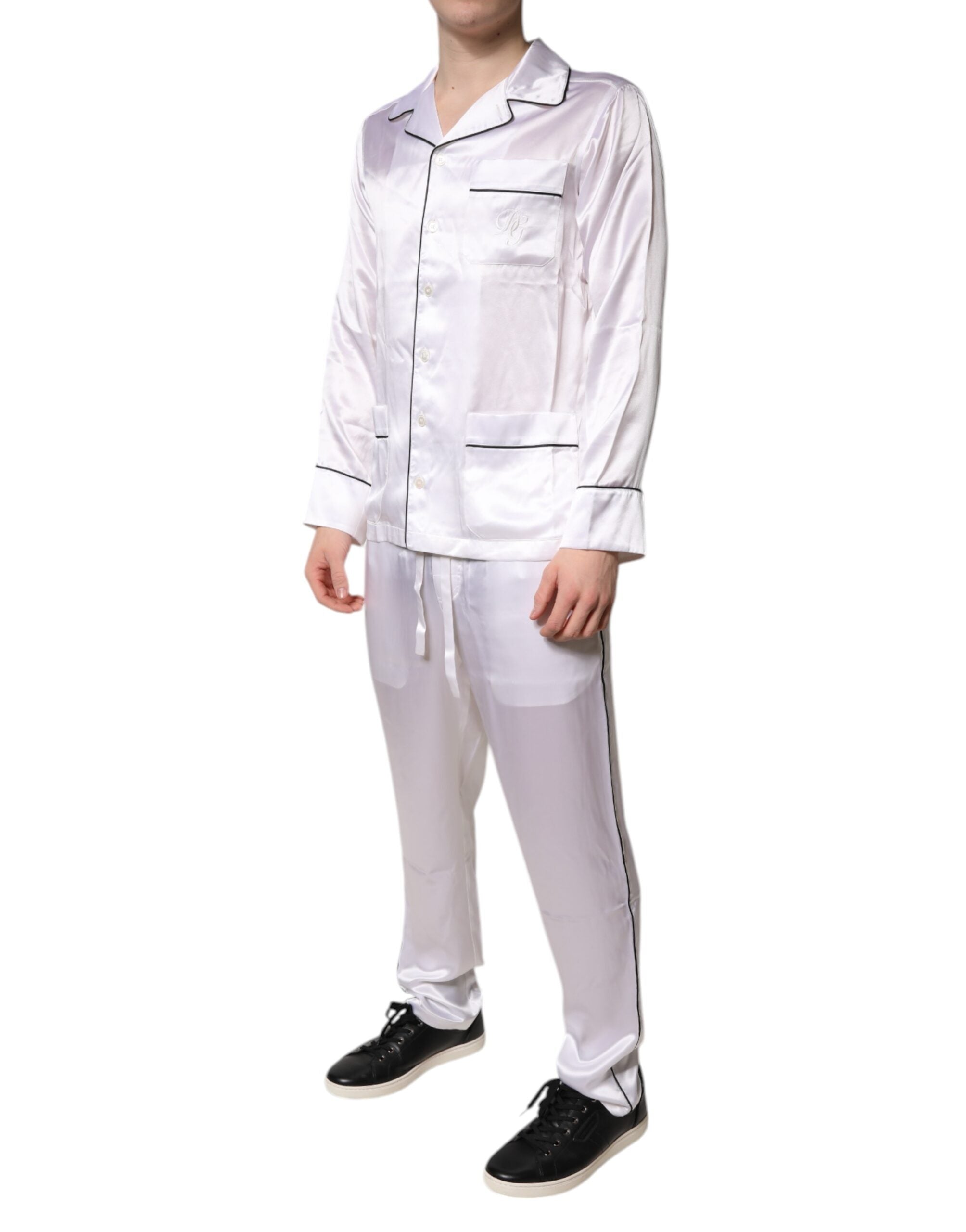 Dolce & Gabbana Weiß Satin Seide Männer Pyjama Set Nachtwäsche