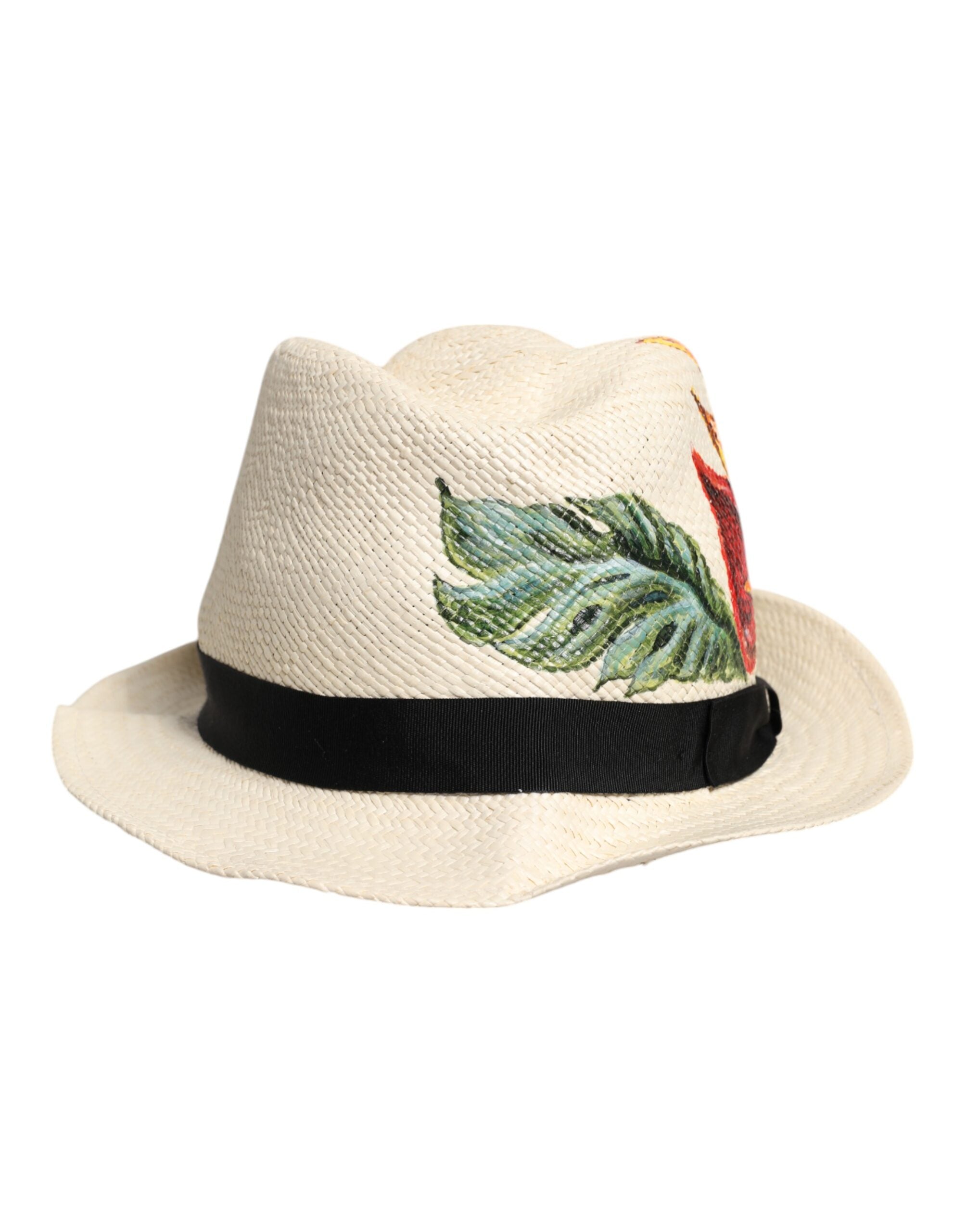 Pălărie Fedora cu bor larg din paie și imprimeu floral bej Dolce & Gabbana