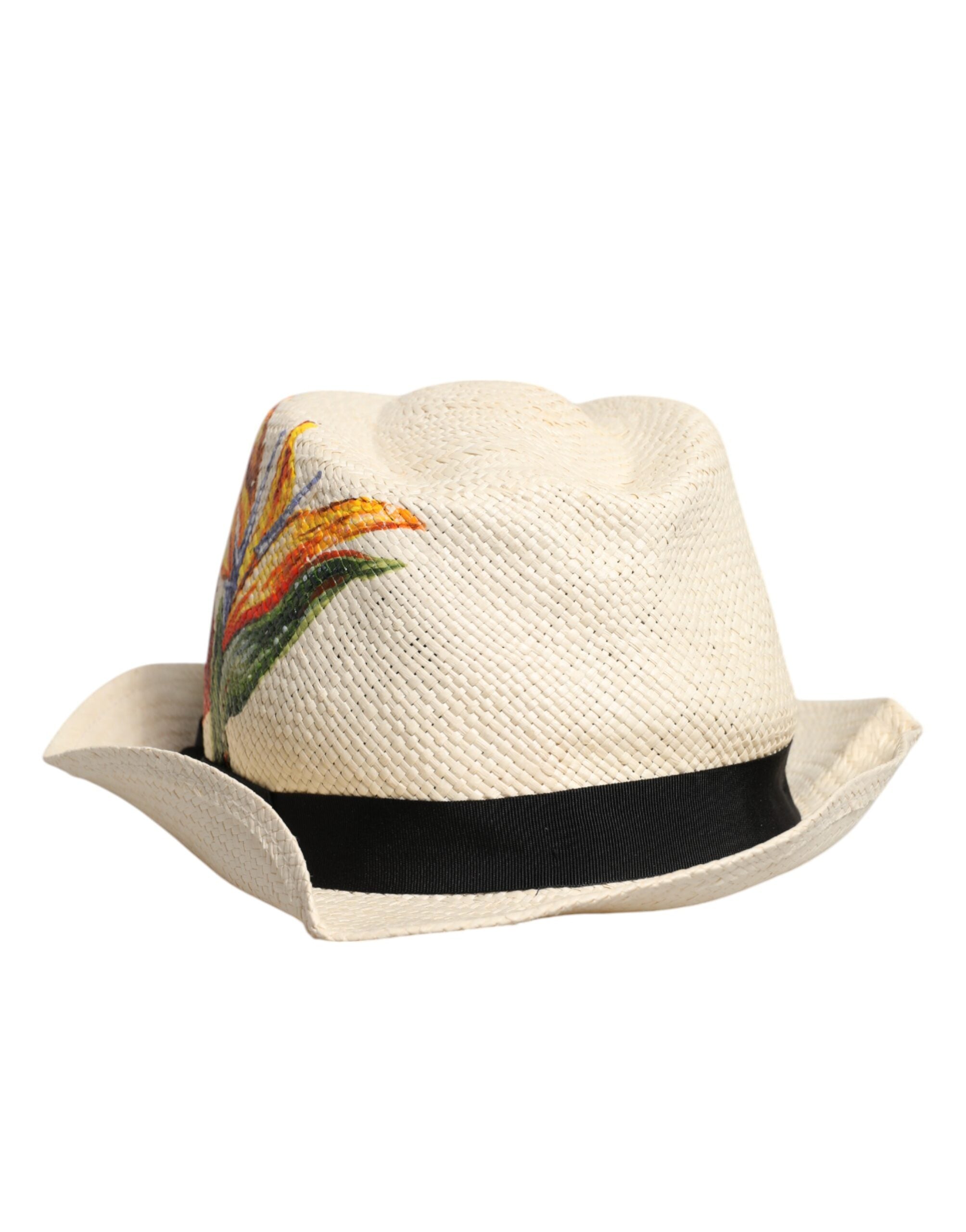 Pălărie Fedora cu bor larg din paie și imprimeu floral bej Dolce & Gabbana