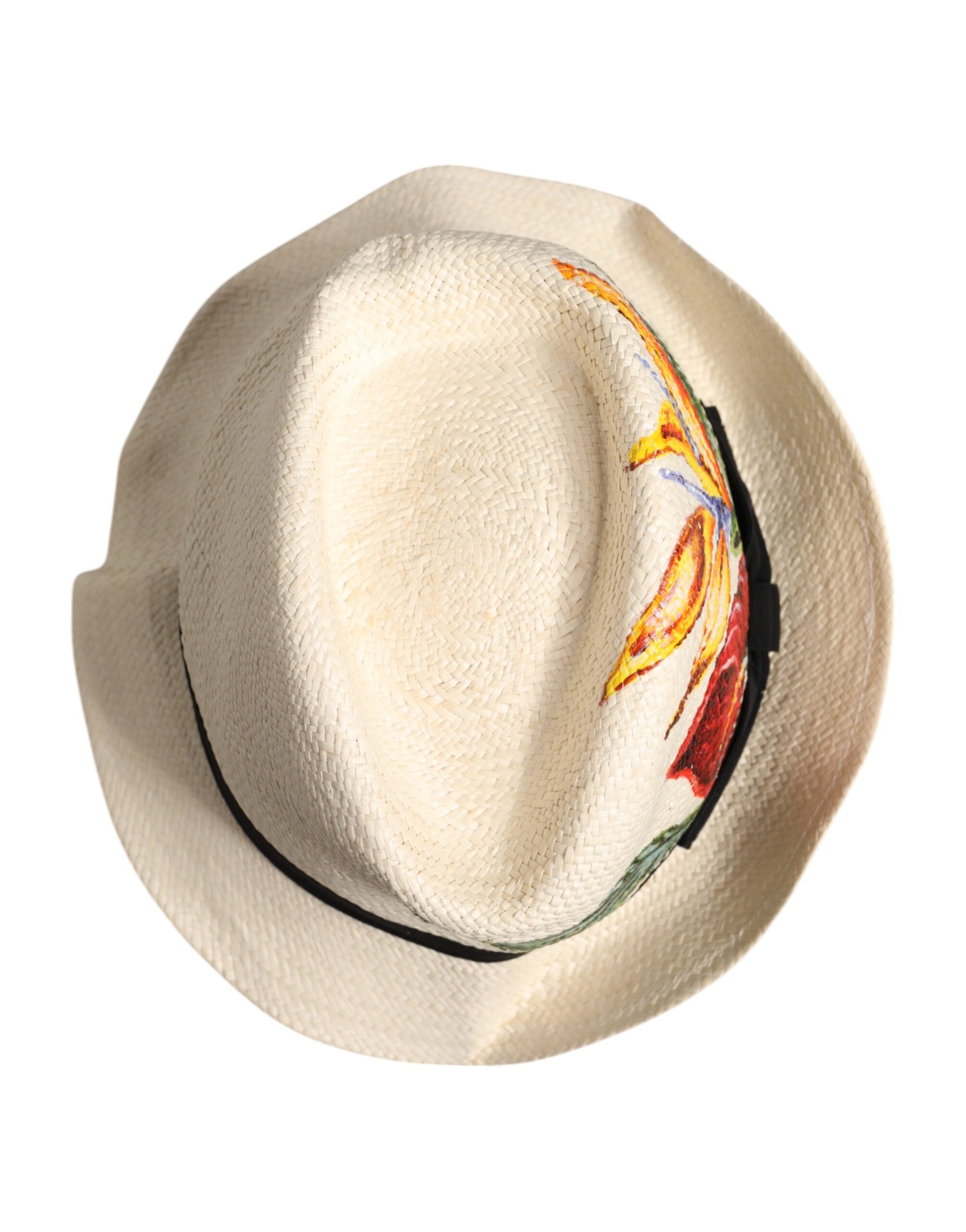 Pălărie Fedora cu bor larg din paie și imprimeu floral bej Dolce & Gabbana