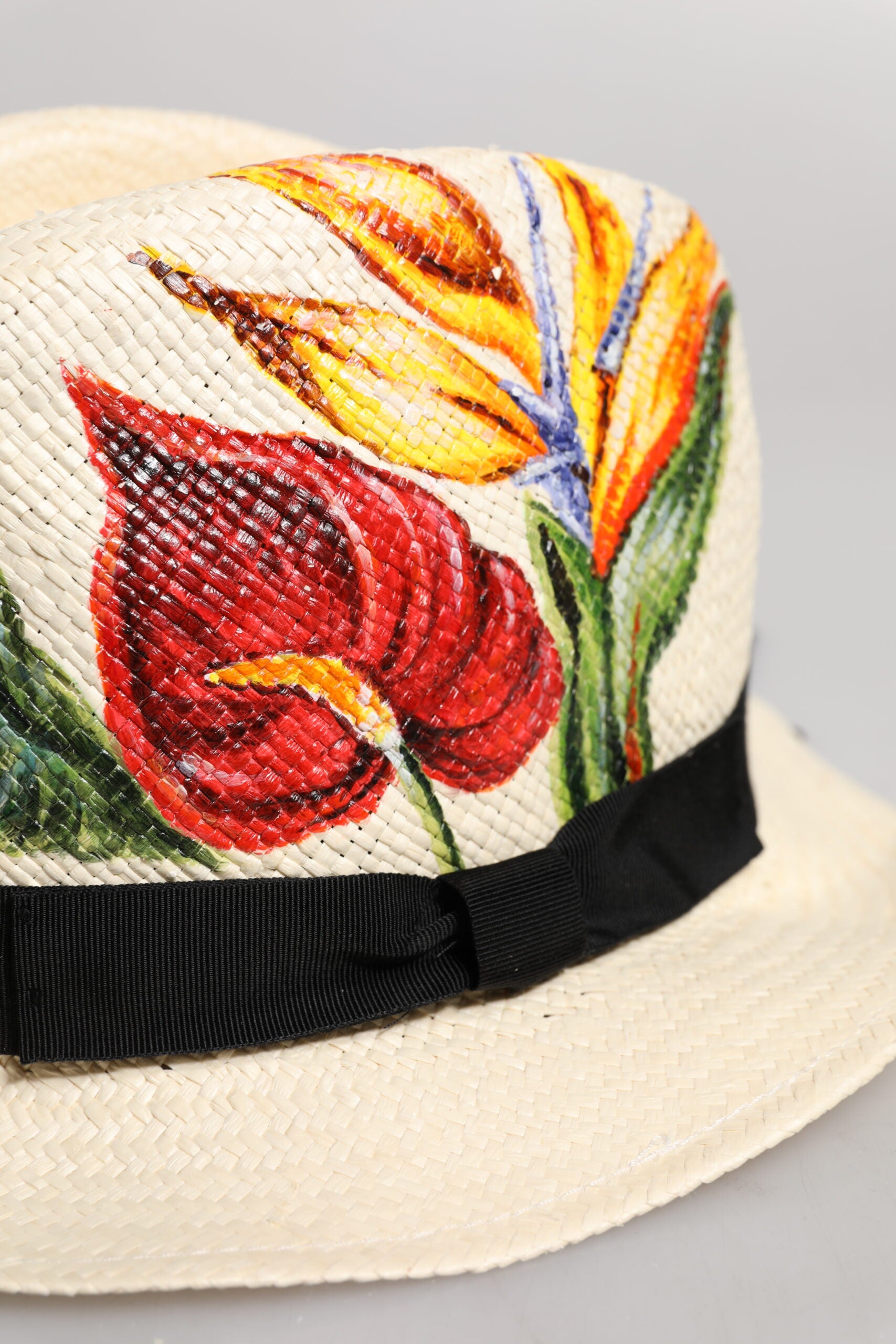 Pălărie Fedora cu bor larg din paie și imprimeu floral bej Dolce & Gabbana
