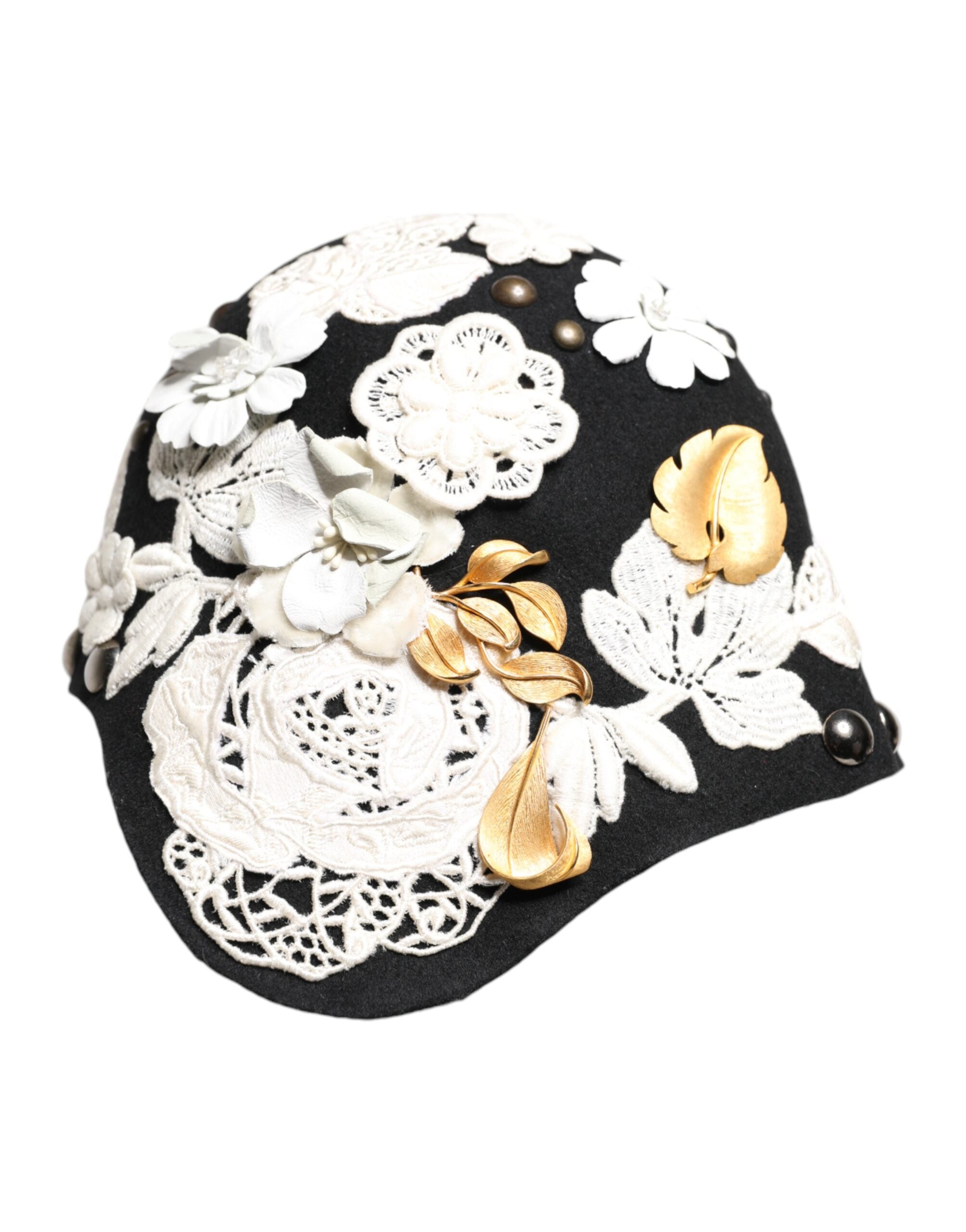 Pălărie Cloche Dolce & Gabbana din lână neagră cu imprimeu floral alb și foiță de auriu