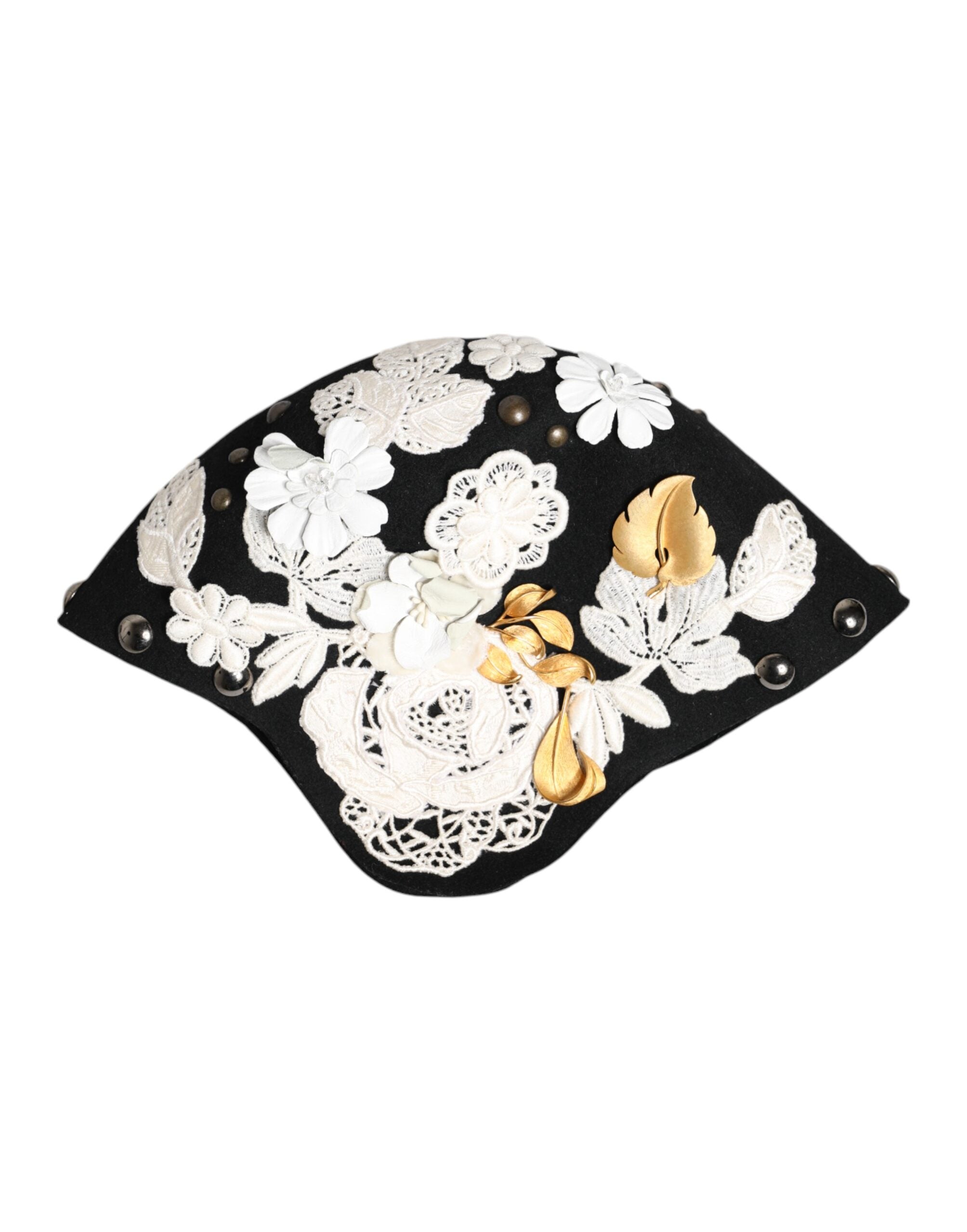 Pălărie Cloche Dolce & Gabbana din lână neagră cu imprimeu floral alb și foiță de auriu