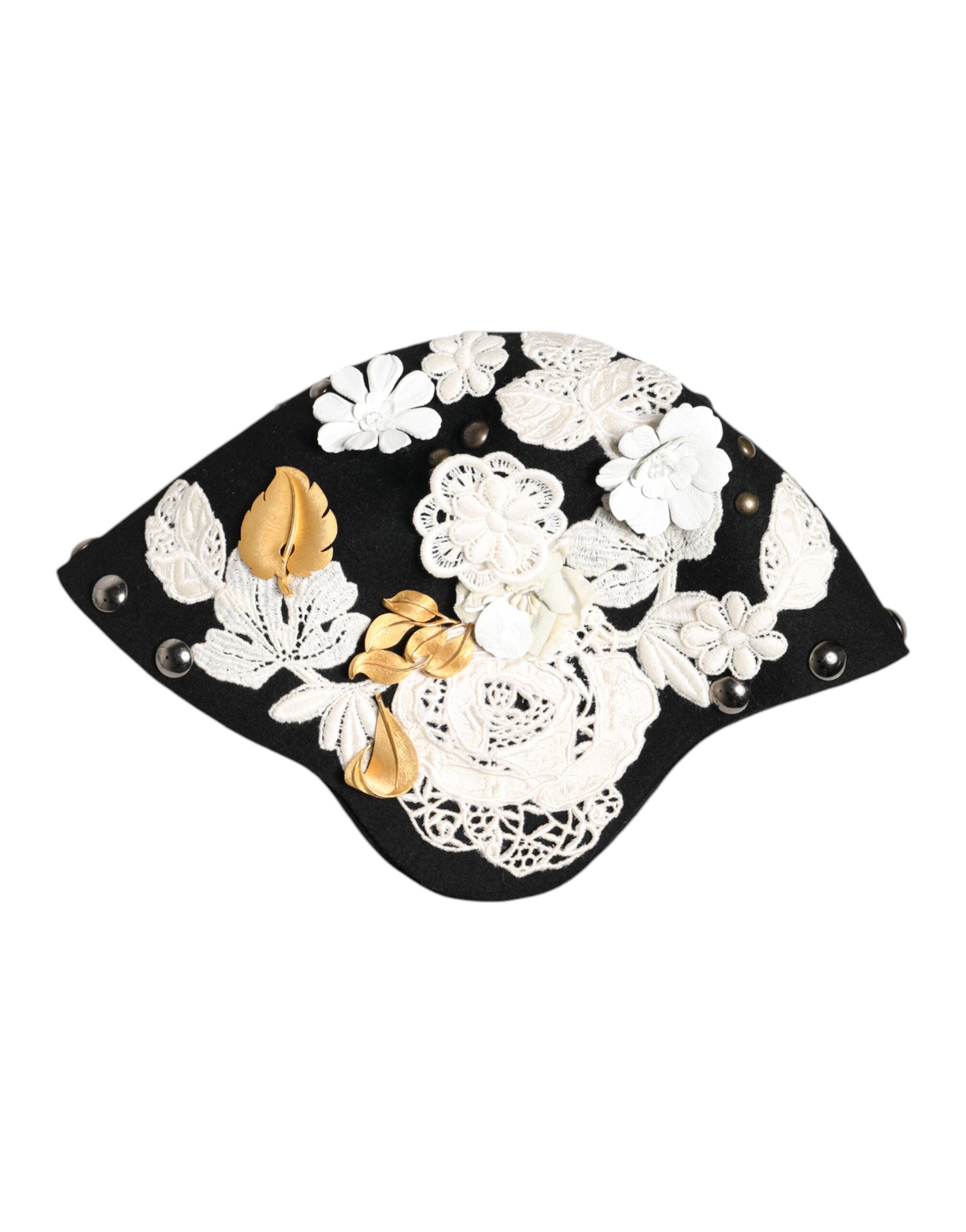 Pălărie Cloche Dolce & Gabbana din lână neagră cu imprimeu floral alb și foiță de auriu