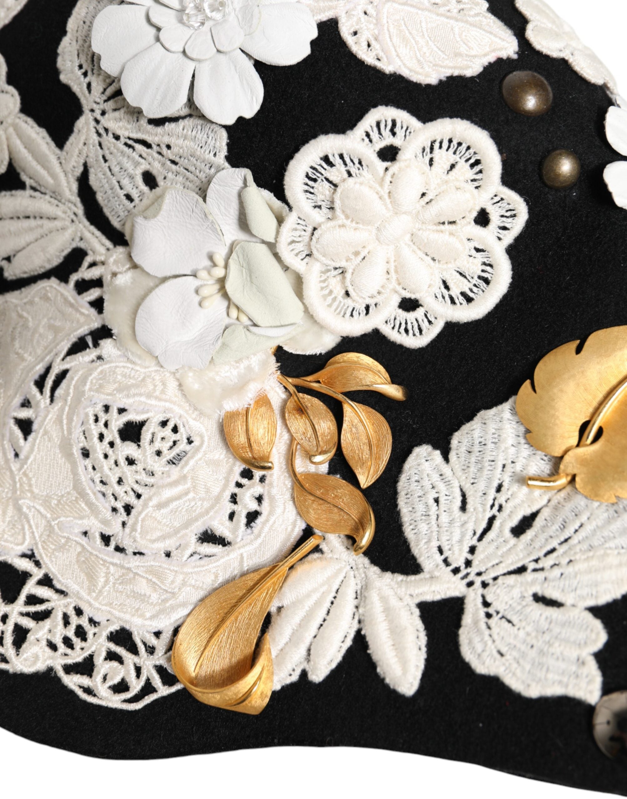 Pălărie Cloche Dolce & Gabbana din lână neagră cu imprimeu floral alb și foiță de auriu