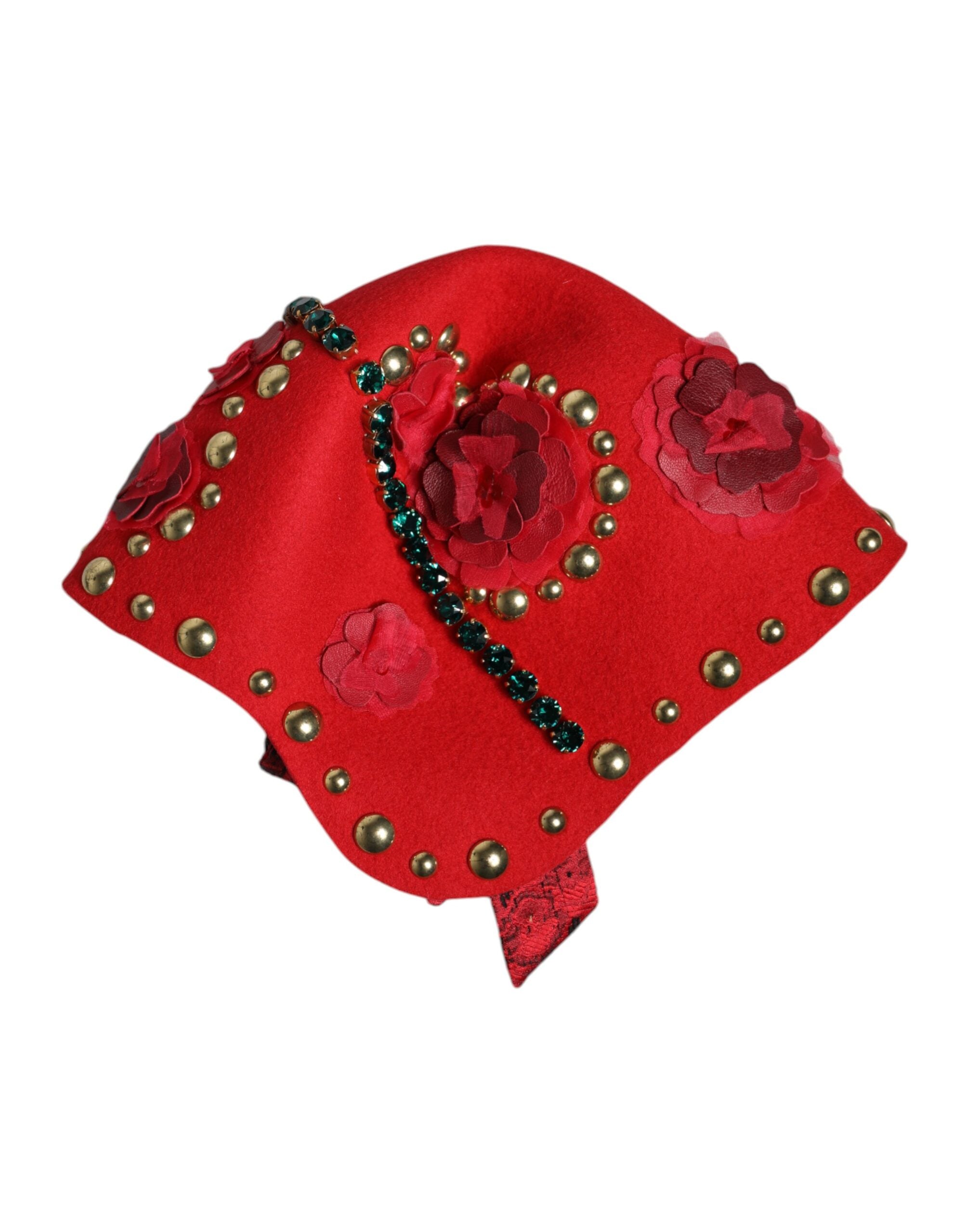 Pălărie Dolce & Gabbana cu broșă și trandafiri aurii și cristale roșii
