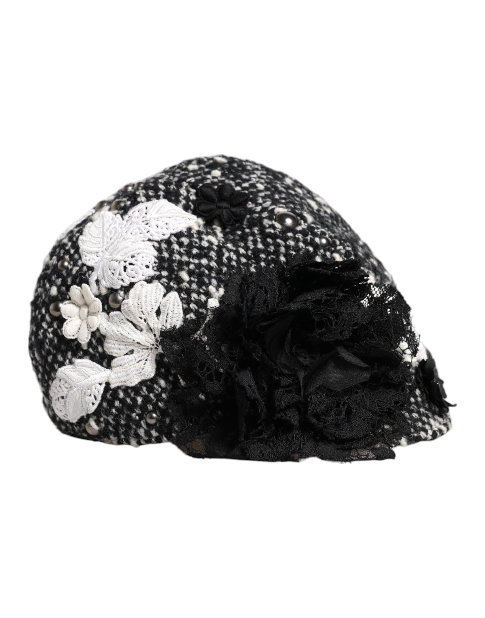 Pălărie Cloche Dolce & Gabbana din lână neagră cu imprimeu floral alb