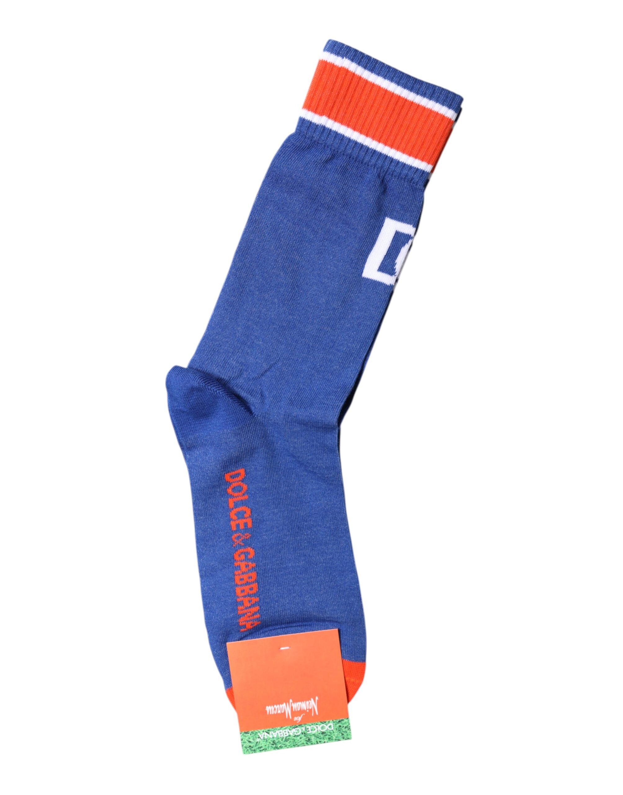 Dolce & Gabbana – Wadenlange Socken aus blauer Baumwolle mit DG-Logo-Print