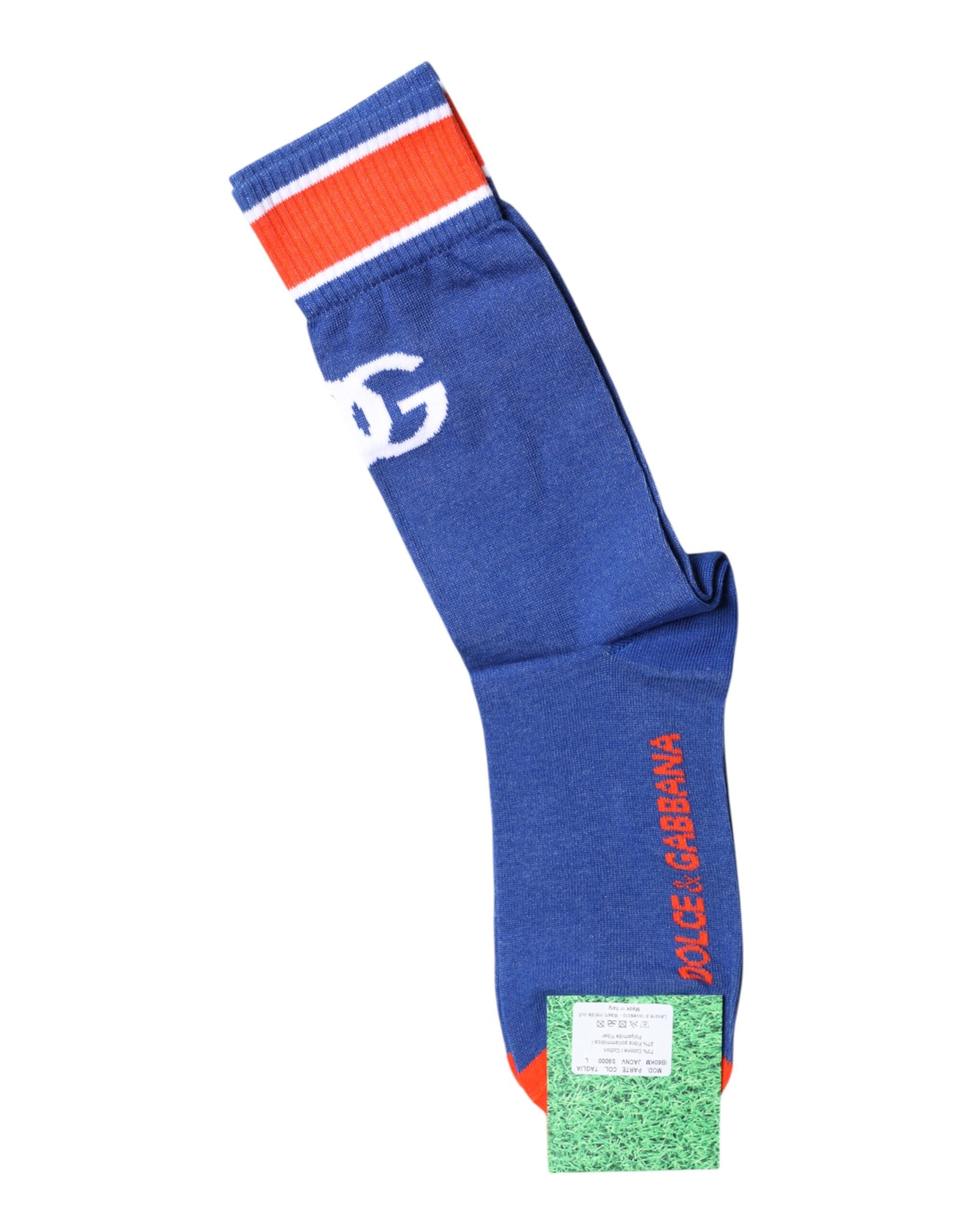 Dolce & Gabbana – Wadenlange Socken aus blauer Baumwolle mit DG-Logo-Print