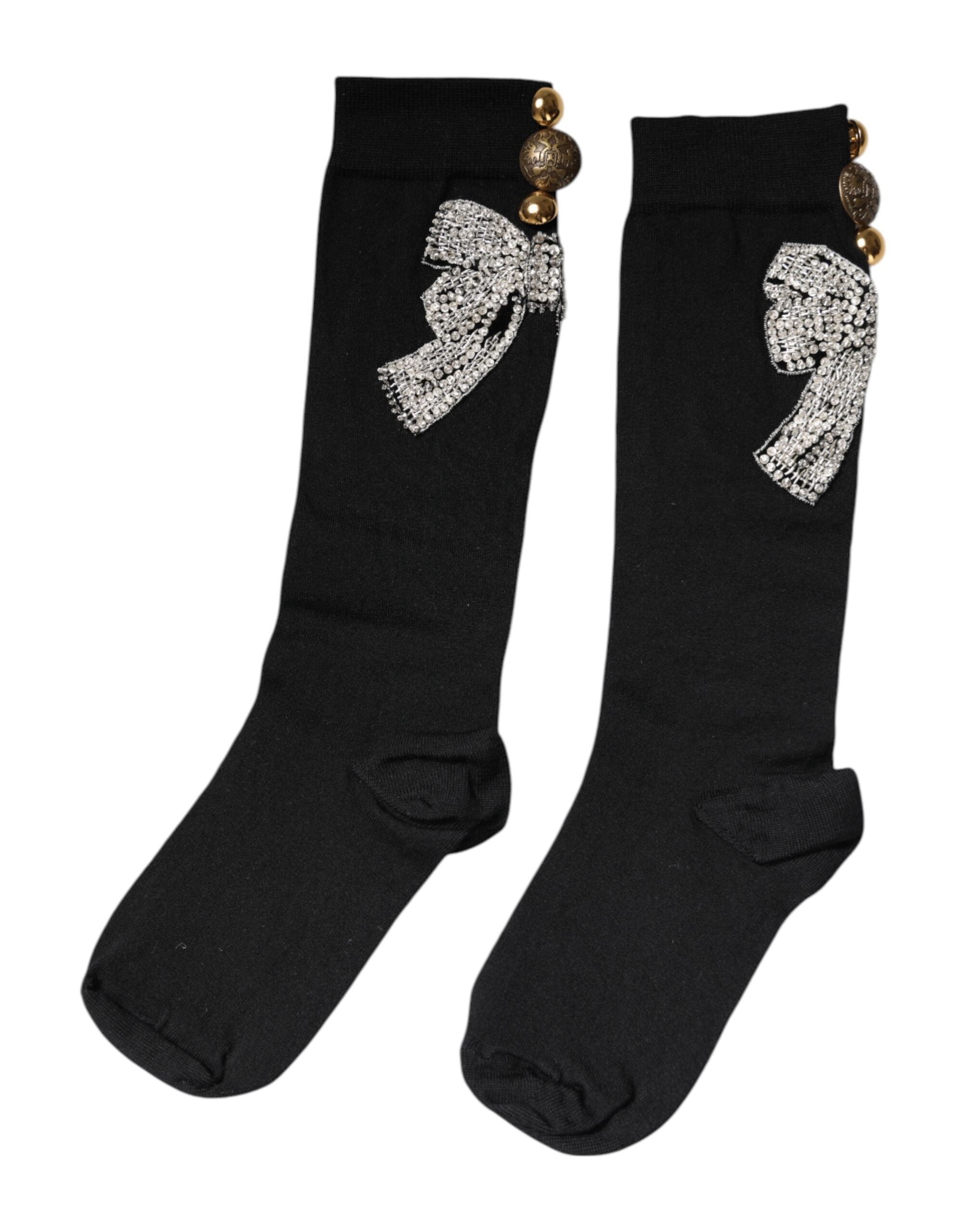 Șosete Dolce & Gabbana negre tricotate cu flori și cristale