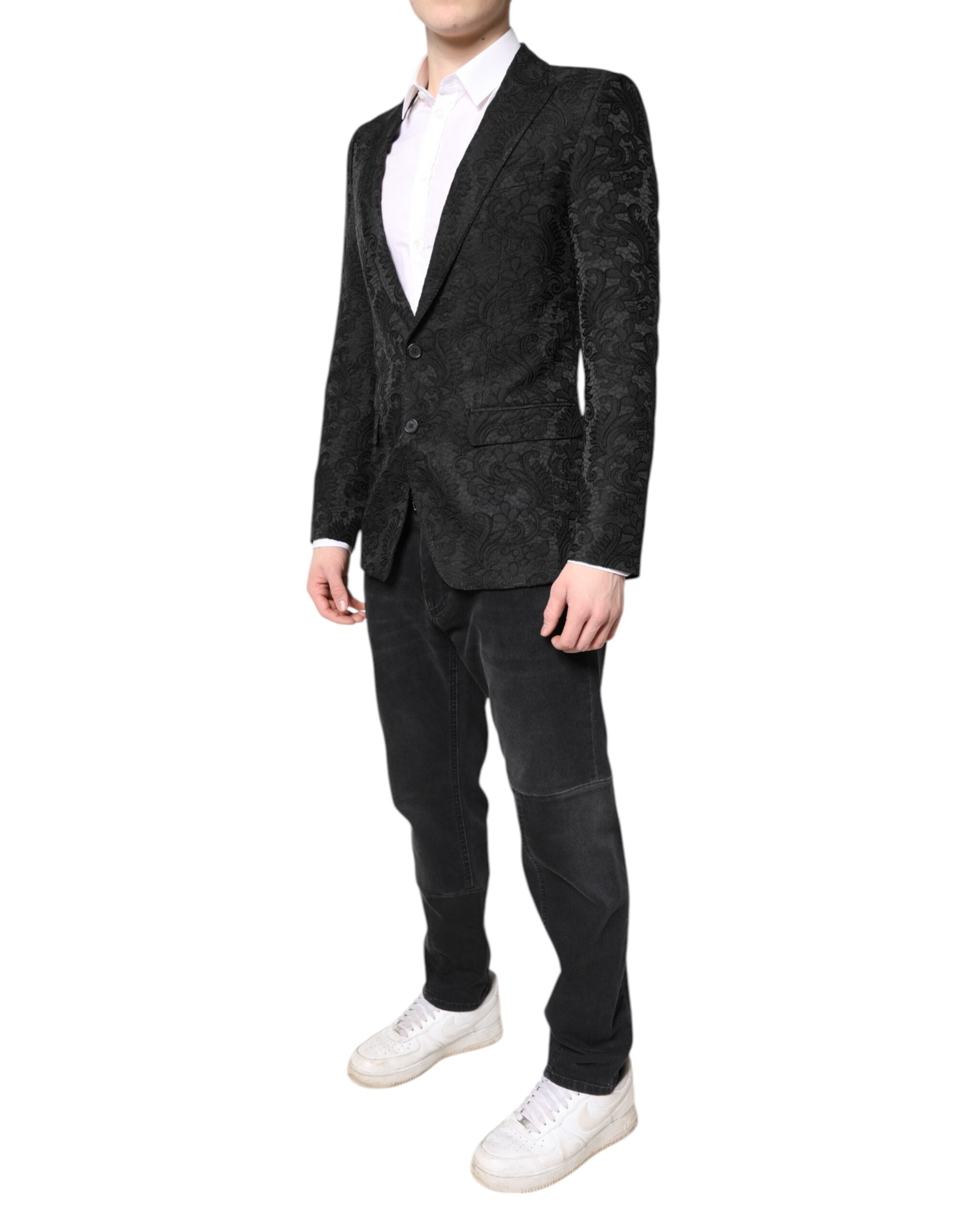 Dolce & Gabbana – Schwarzer Jacquard-Mantel mit Blumenmuster, Jacke und Blazer