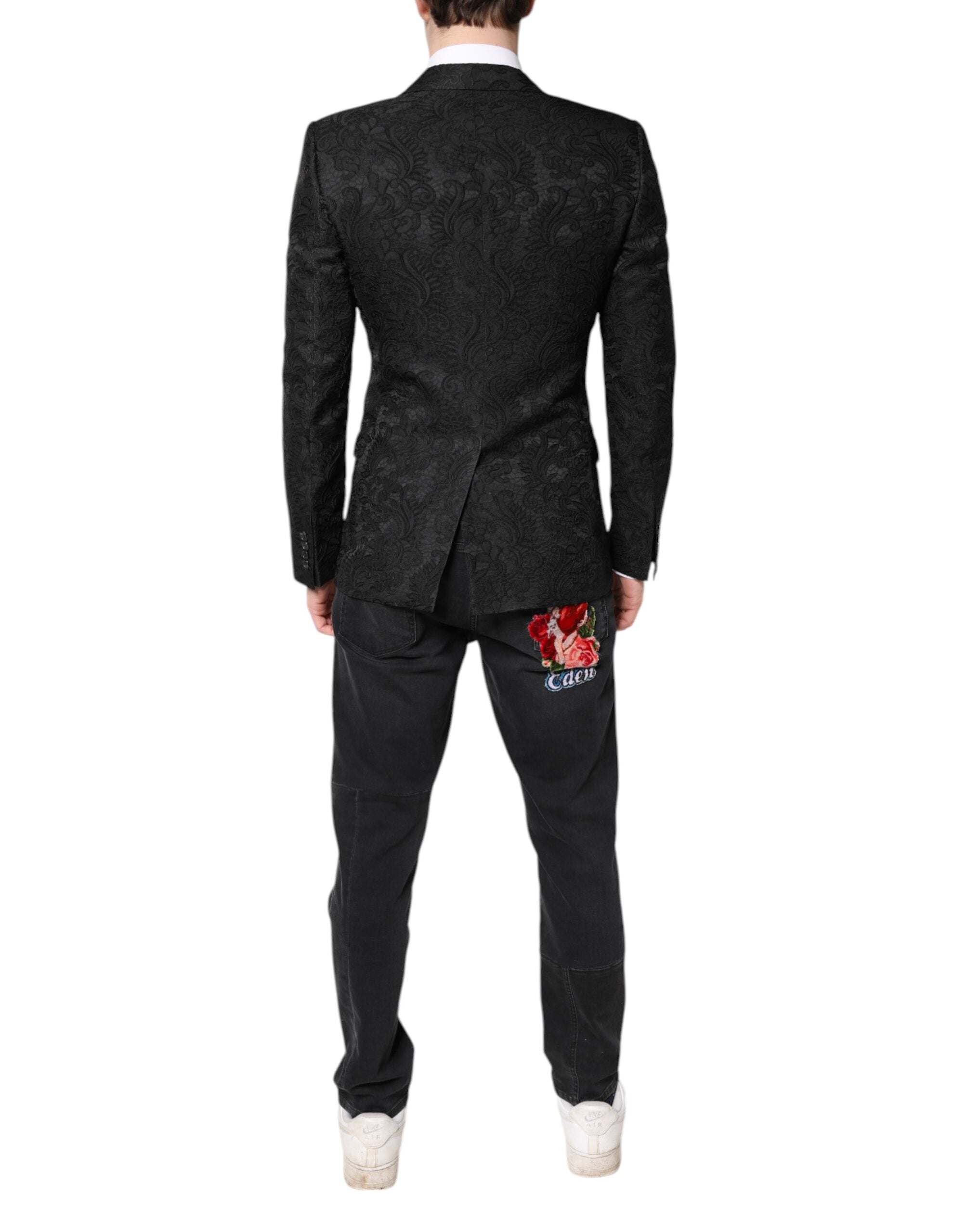 Dolce & Gabbana – Schwarzer Jacquard-Mantel mit Blumenmuster, Jacke und Blazer