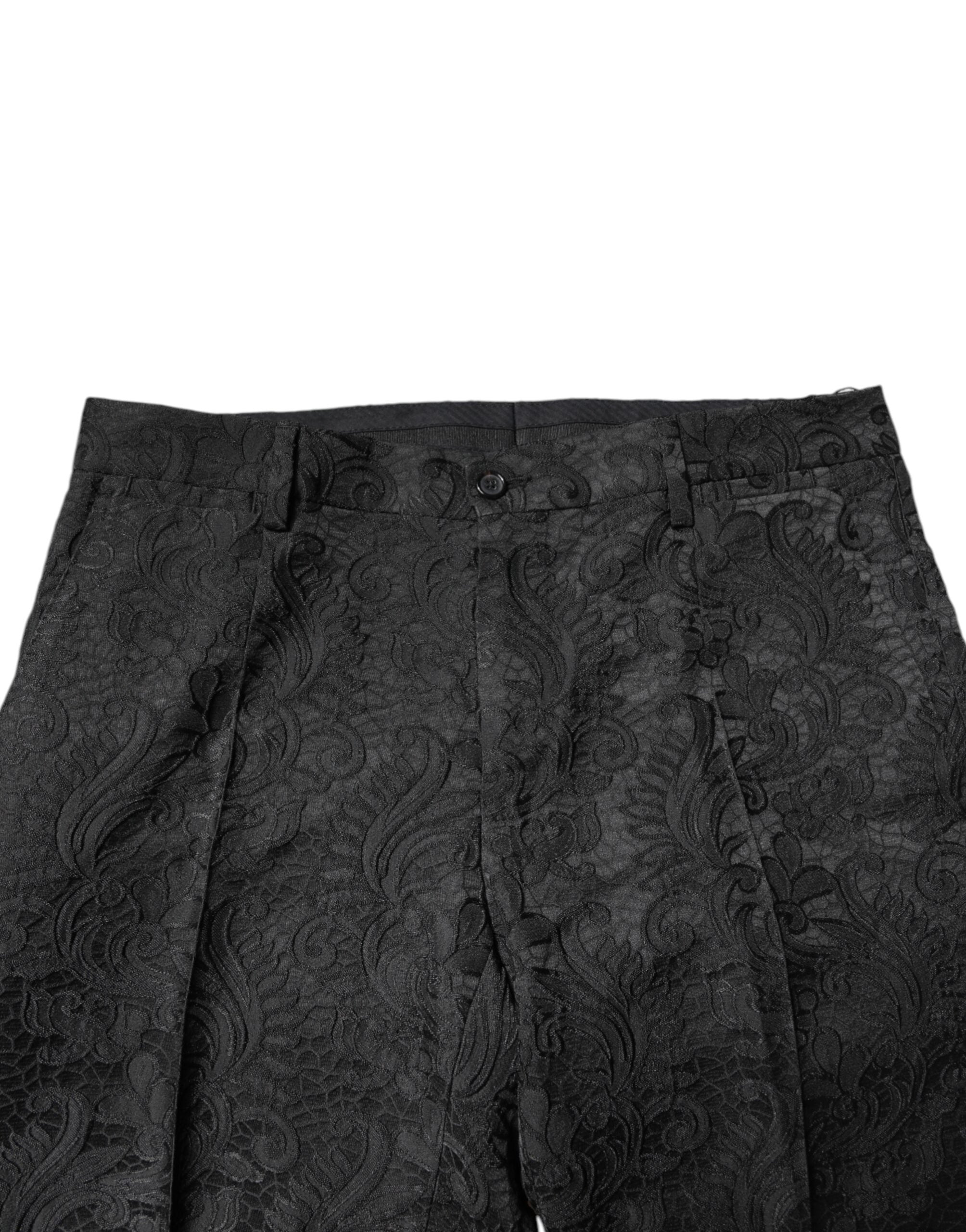Pantaloni eleganti Dolce & Gabbana negri cu imprimeu floral jacquard și talie medie