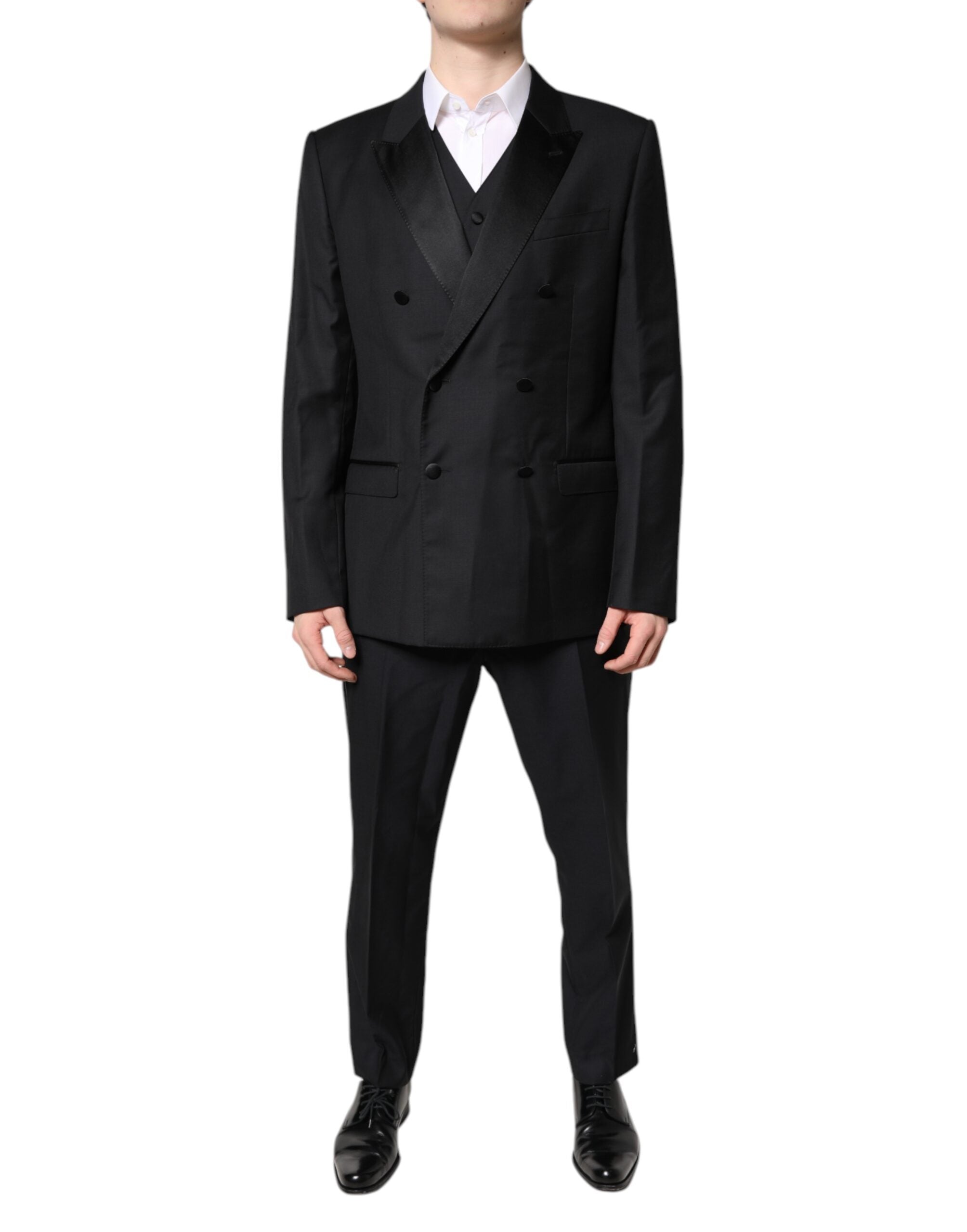 Costum elegant Dolce & Gabbana negru cu două rânduri de nasturi, din 3 piese