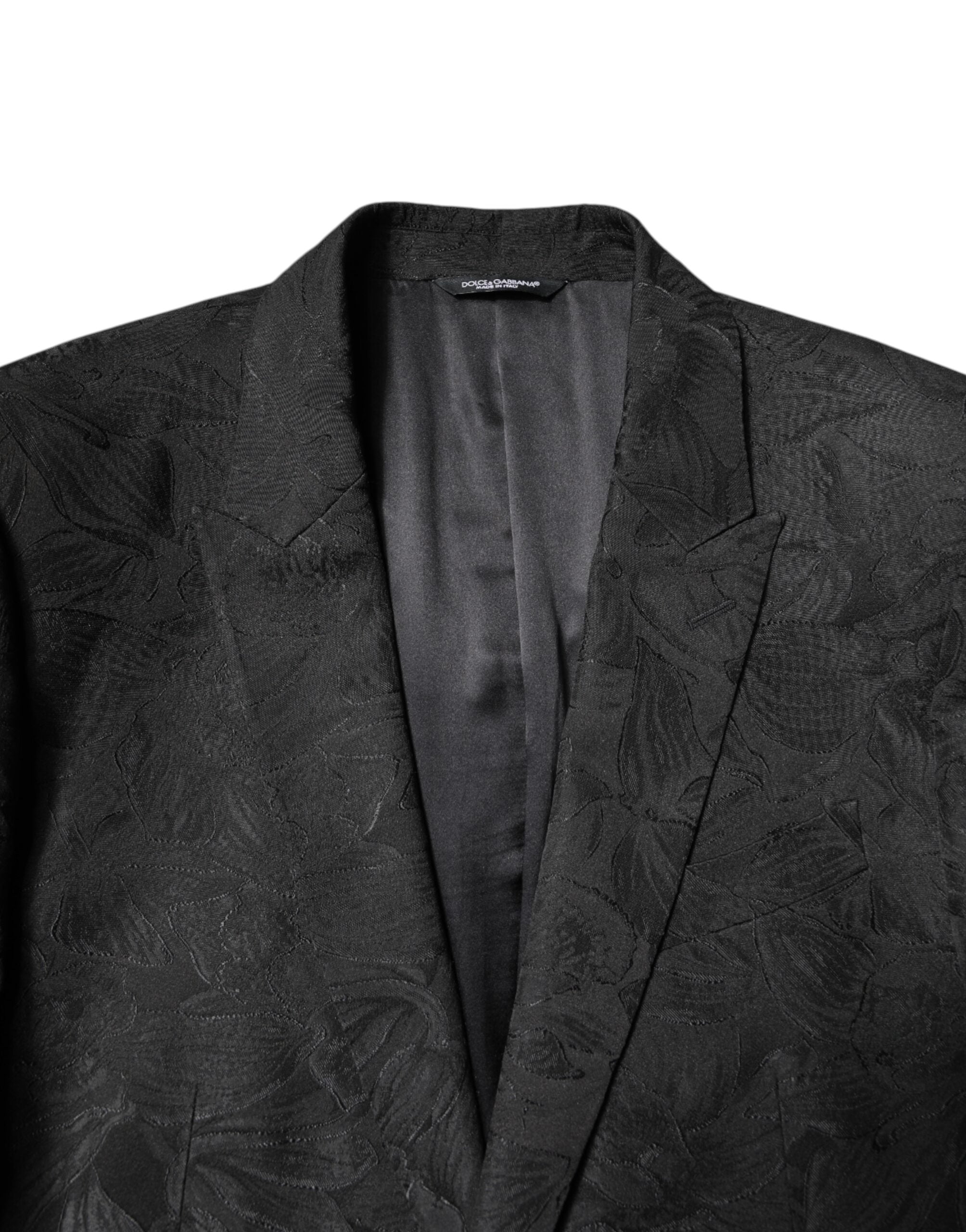 Dolce & Gabbana – Schwarzer, zweiteiliger Anzug aus Polyester-Jacquard mit Blumenmuster