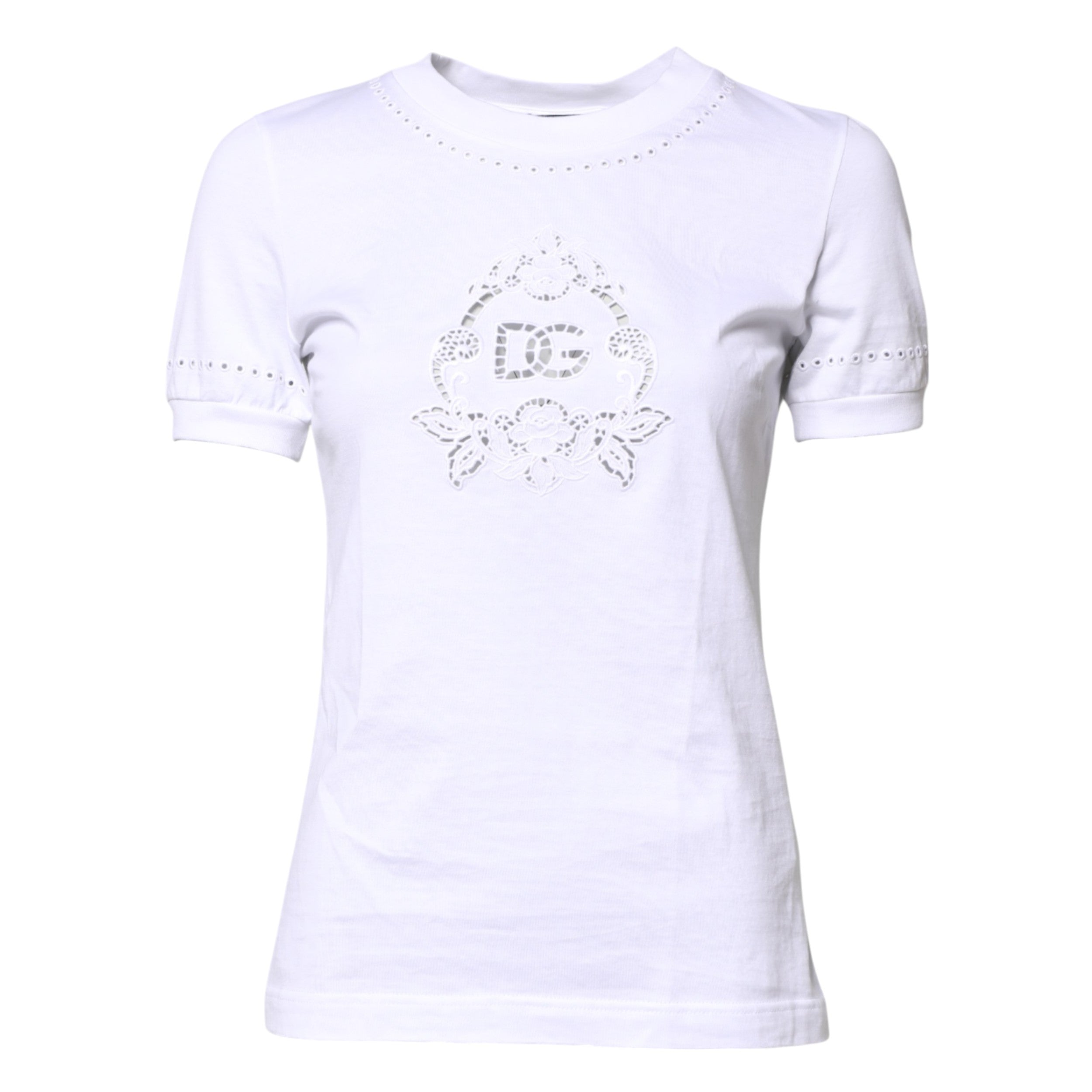 Dolce & Gabbana – Weißes Baumwoll-T-Shirt mit Blumenlogo und Rundhalsausschnitt