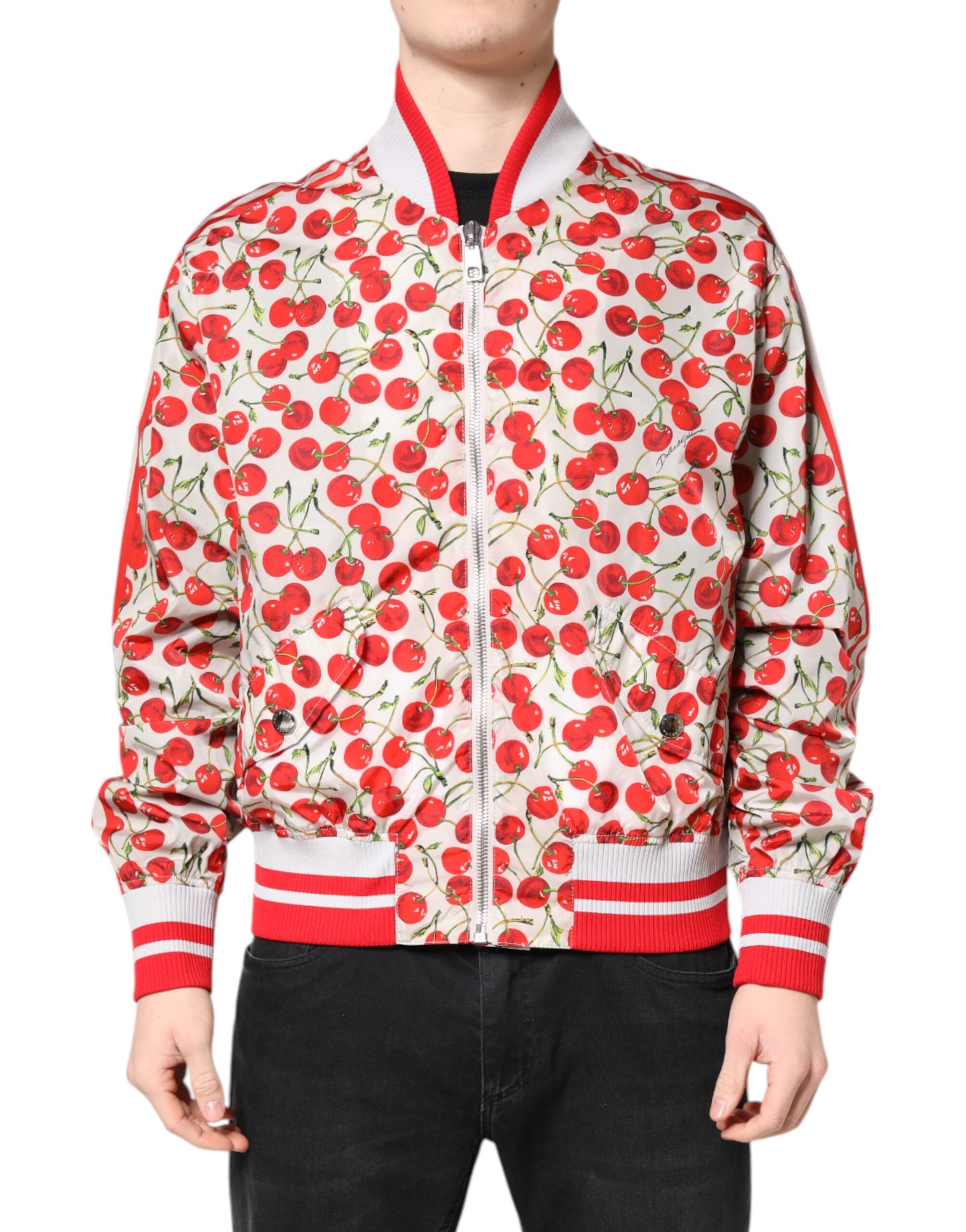 Jachetă bomber cu fermoar complet și imprimeu alb cu cireșe Dolce & Gabbana