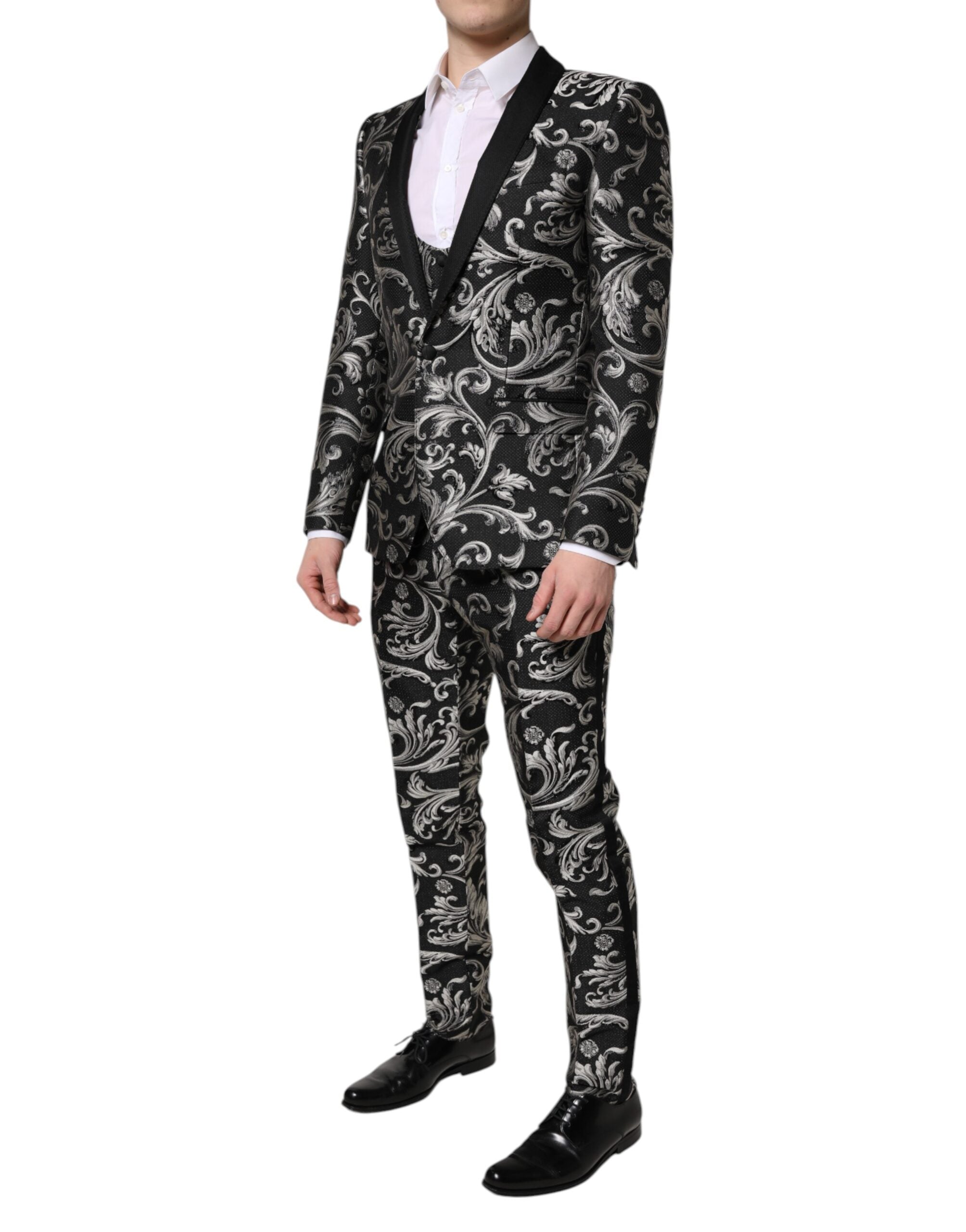 Dolce & Gabbana Schwarz-Grau MARTINI Jacquard Herren 3-teiliger Anzug
