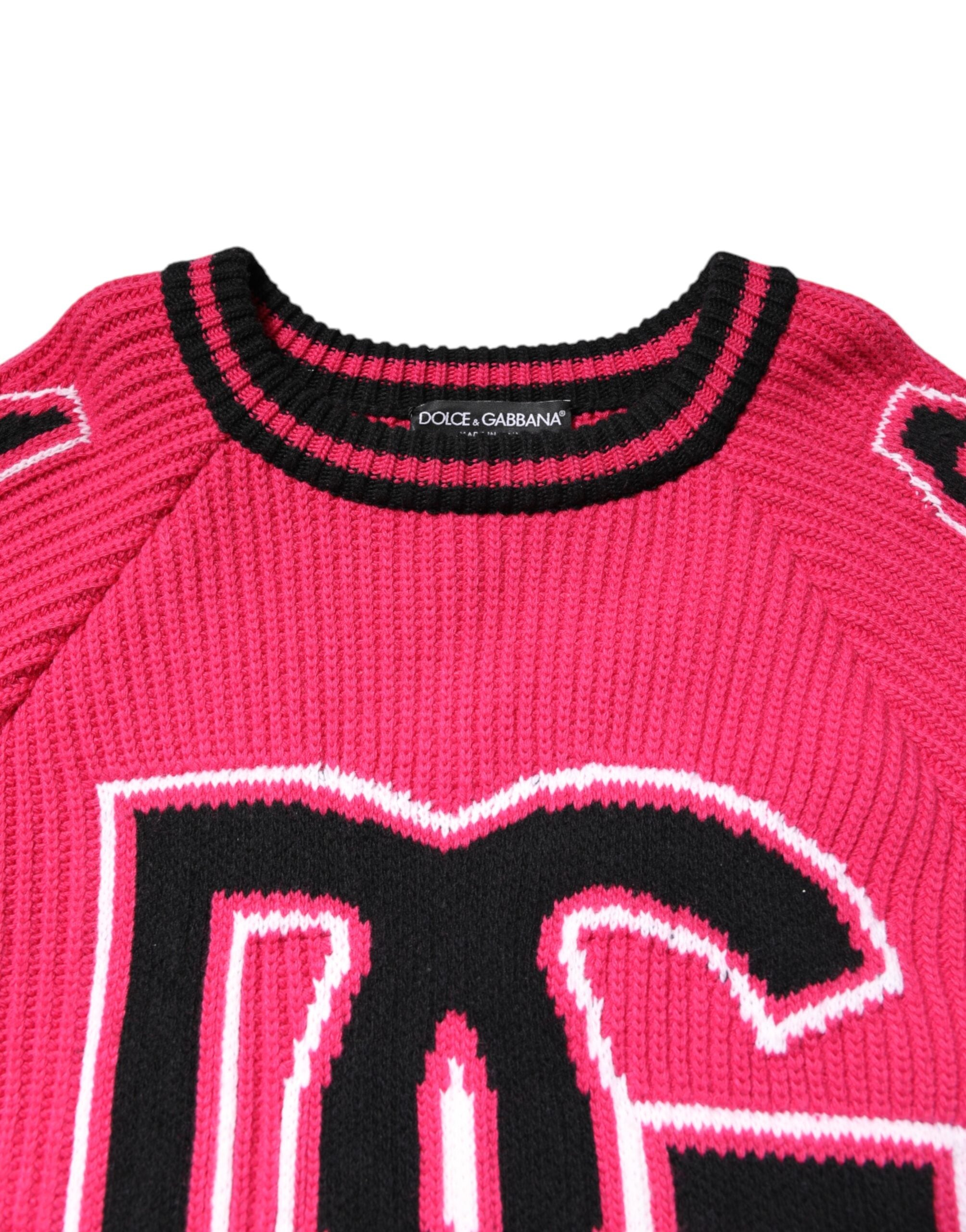 Pulover tricotat cu imprimeu logo roz din bumbac Dolce & Gabbana
