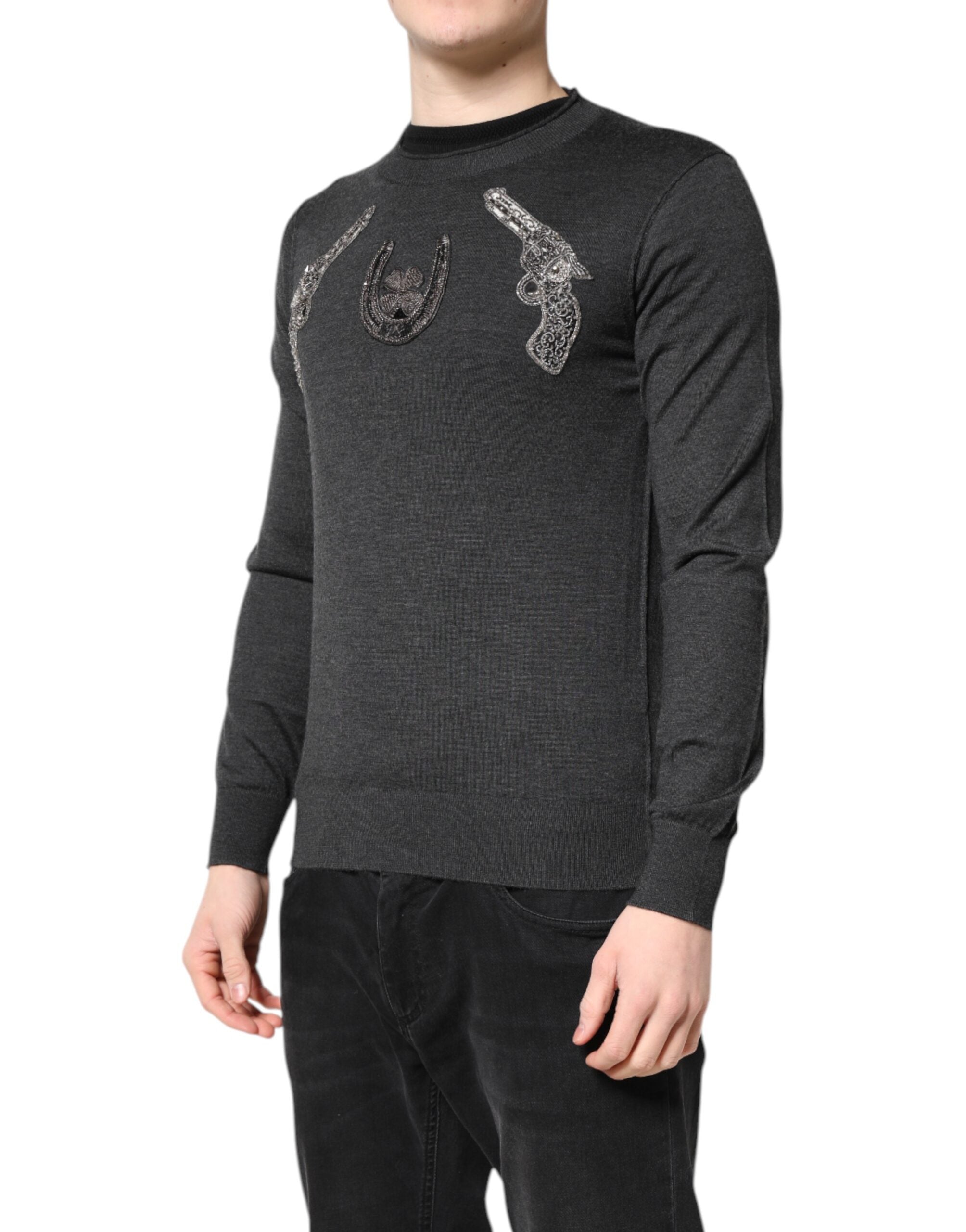 Pulover Dolce & Gabbana Gri cu Broderie Tricotat pentru Bărbați