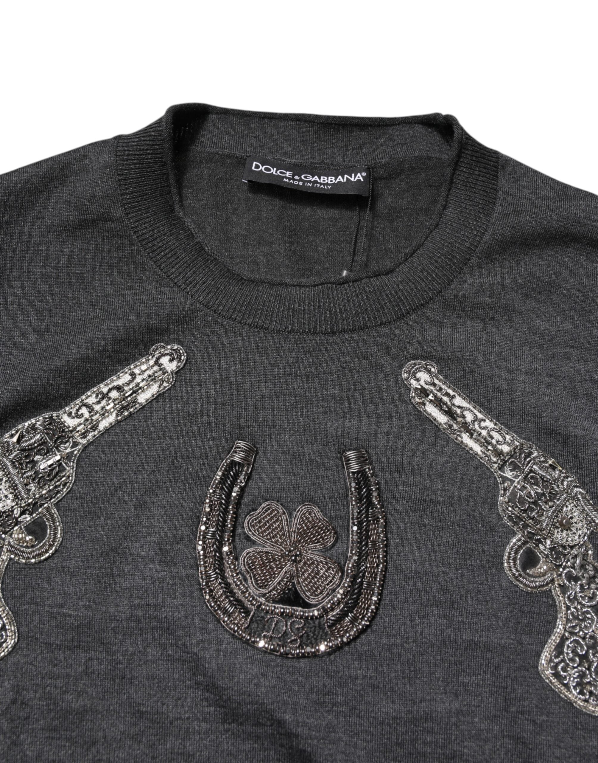 Pulover Dolce & Gabbana Gri cu Broderie Tricotat pentru Bărbați