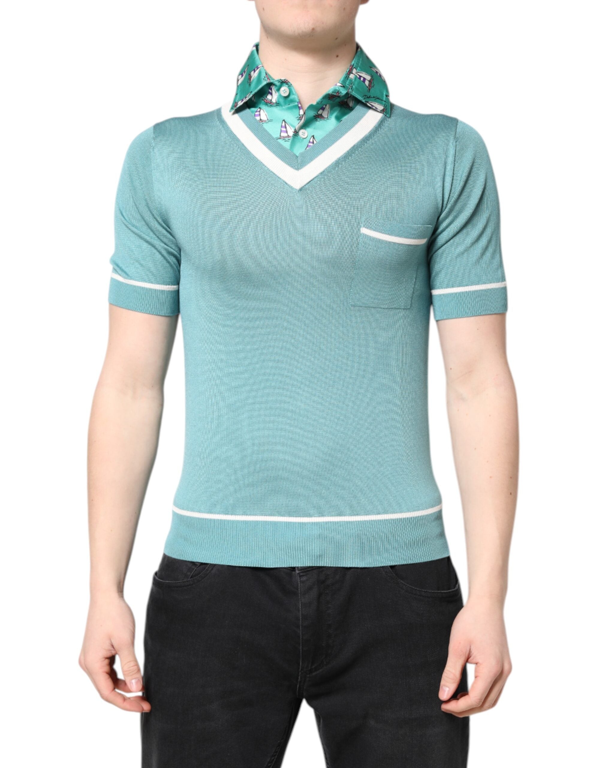 Tricou Dolce & Gabbana verde cu guler imprimat și mânecă scurtă