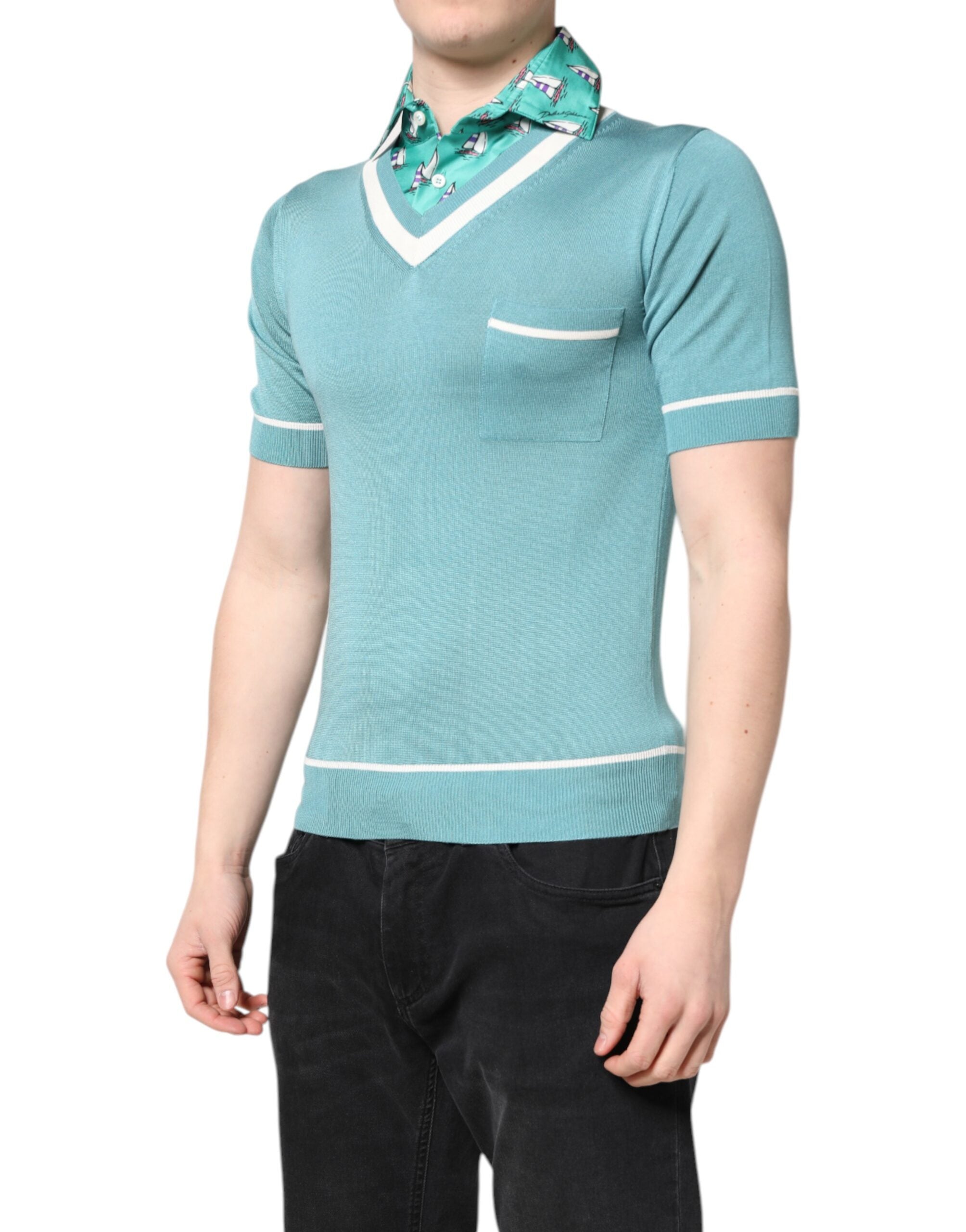 Tricou Dolce & Gabbana verde cu guler imprimat și mânecă scurtă