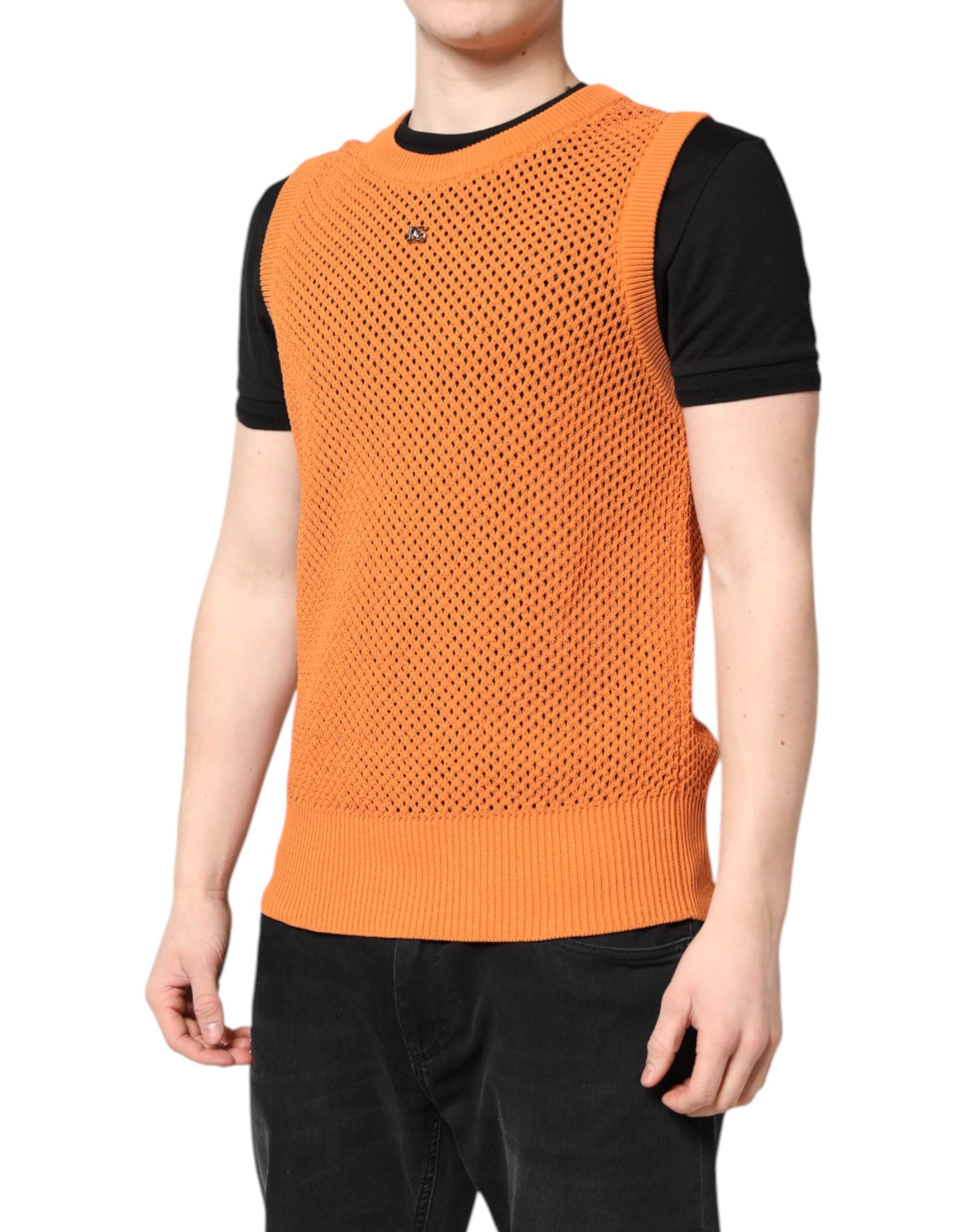 Dolce & Gabbana – Orangefarbenes, ärmelloses T-Shirt aus Kaschmir mit Rundhalsausschnitt