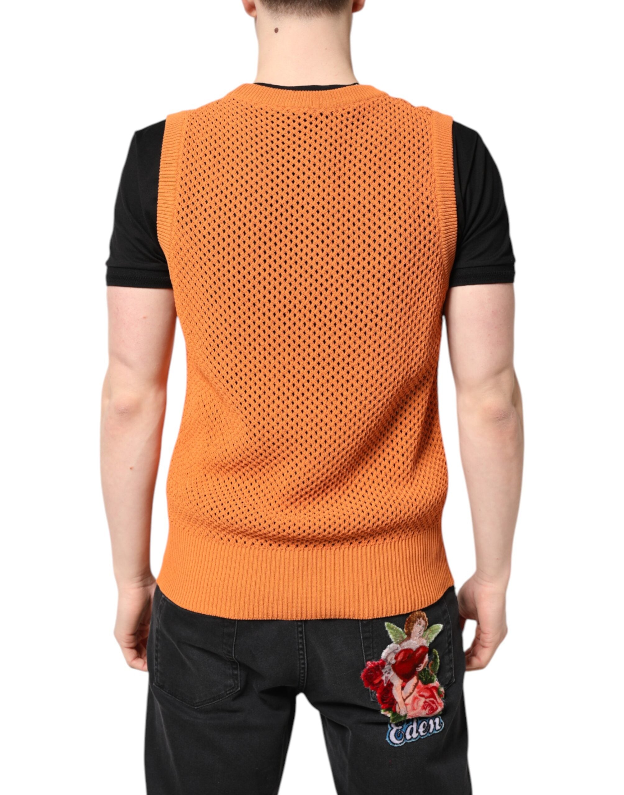 Dolce & Gabbana – Orangefarbenes, ärmelloses T-Shirt aus Kaschmir mit Rundhalsausschnitt