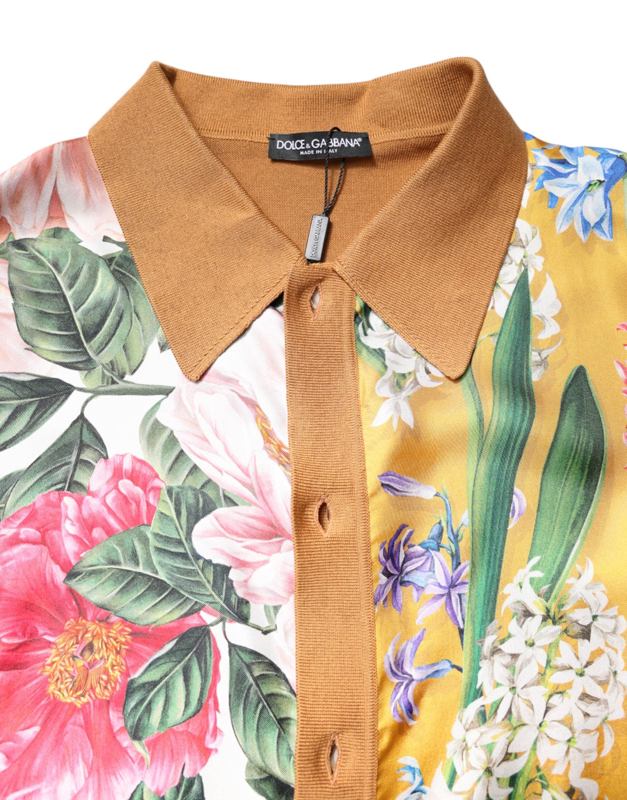 Tricou Dolce & Gabbana maro cu mânecă scurtă și guler floral