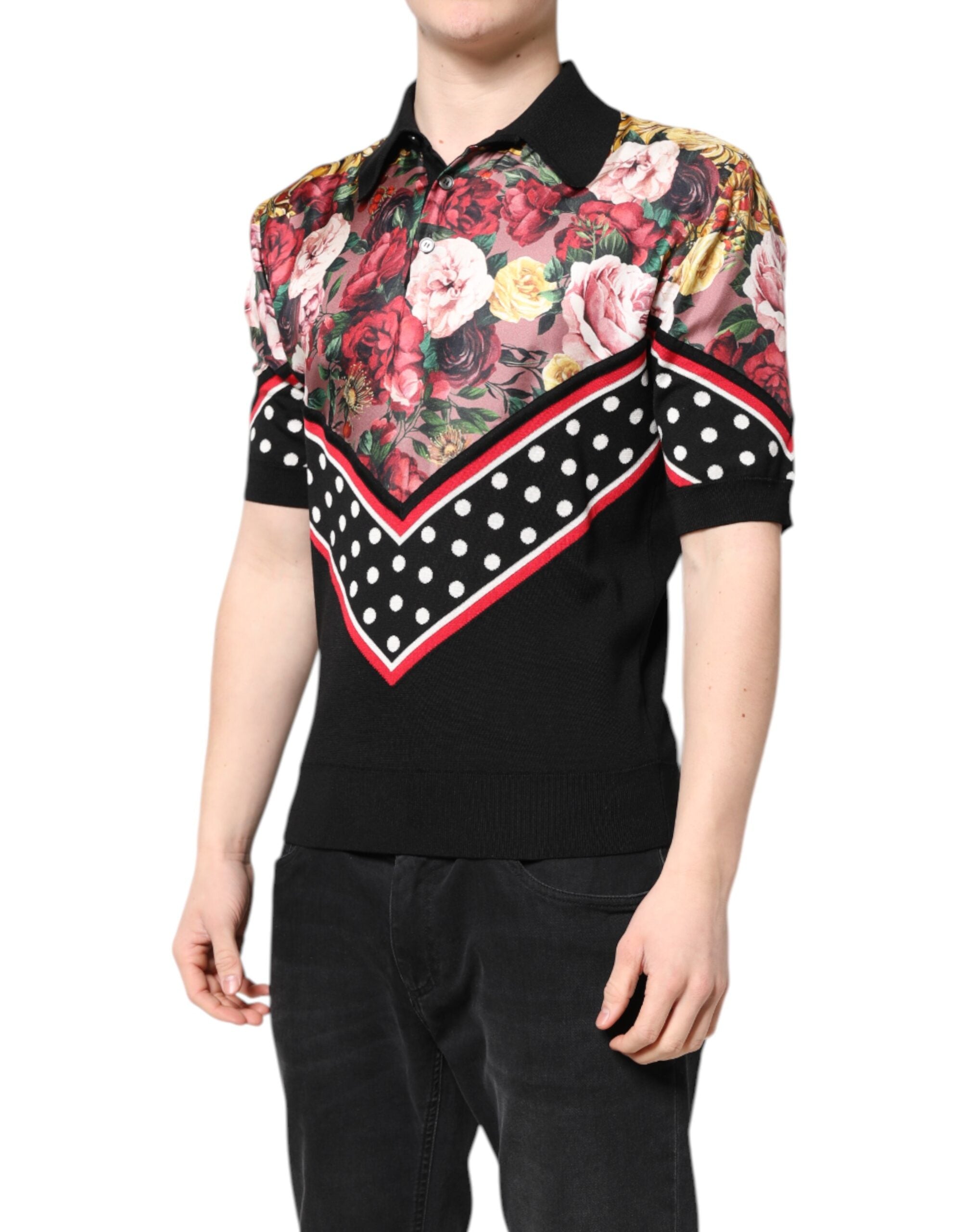 Tricou Dolce & Gabbana negru cu mânecă scurtă și guler floral