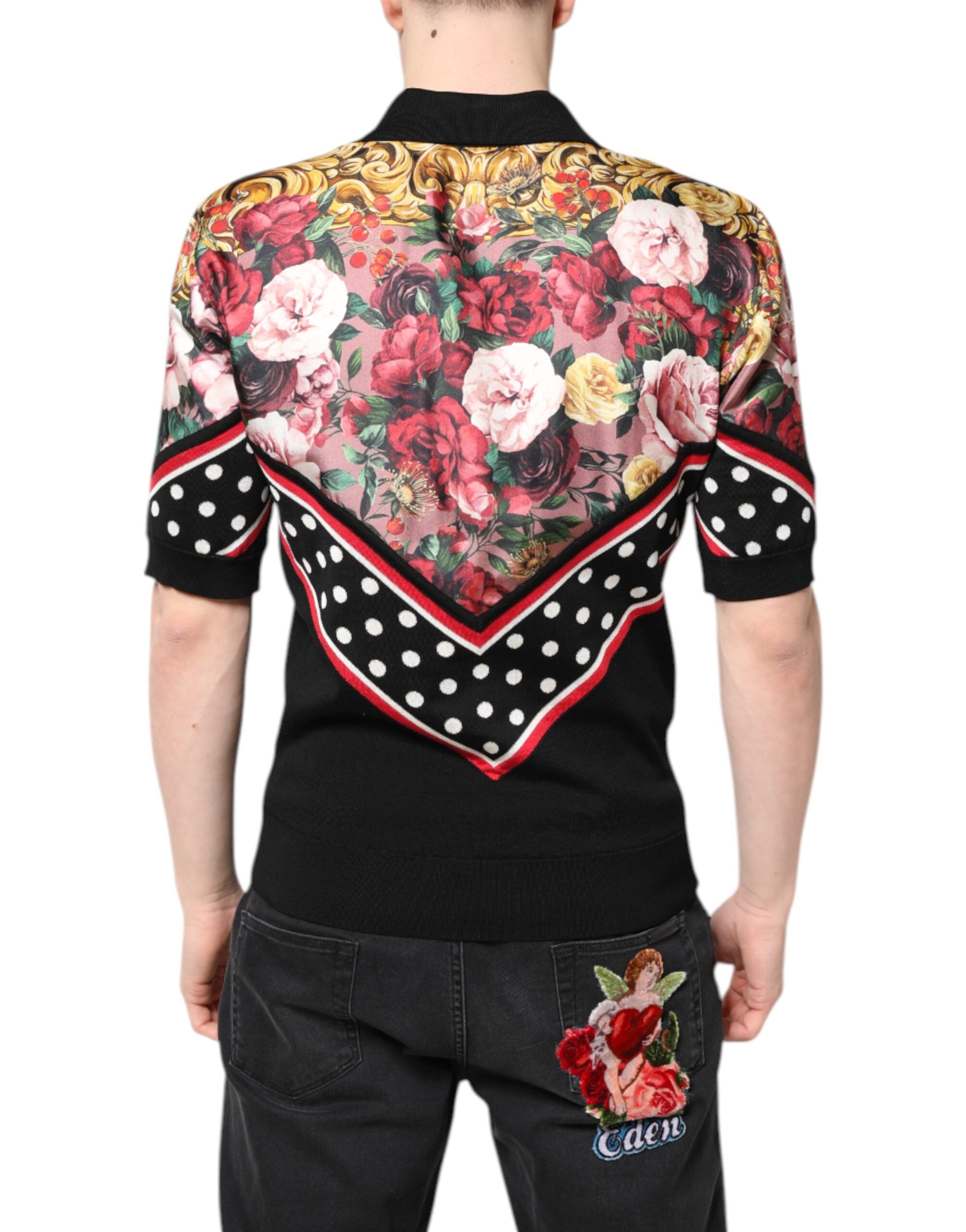 Tricou Dolce & Gabbana negru cu mânecă scurtă și guler floral