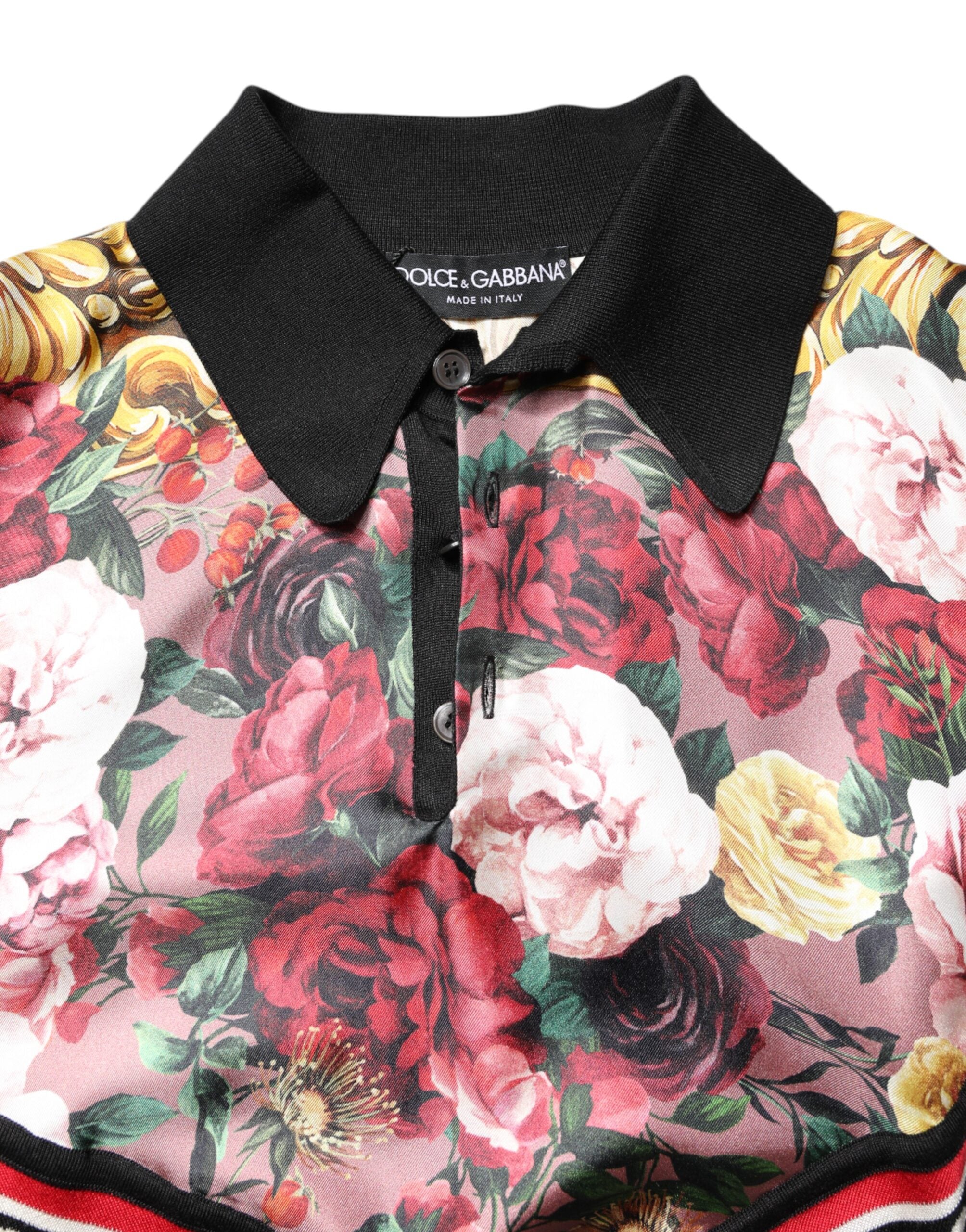 Tricou Dolce & Gabbana negru cu mânecă scurtă și guler floral