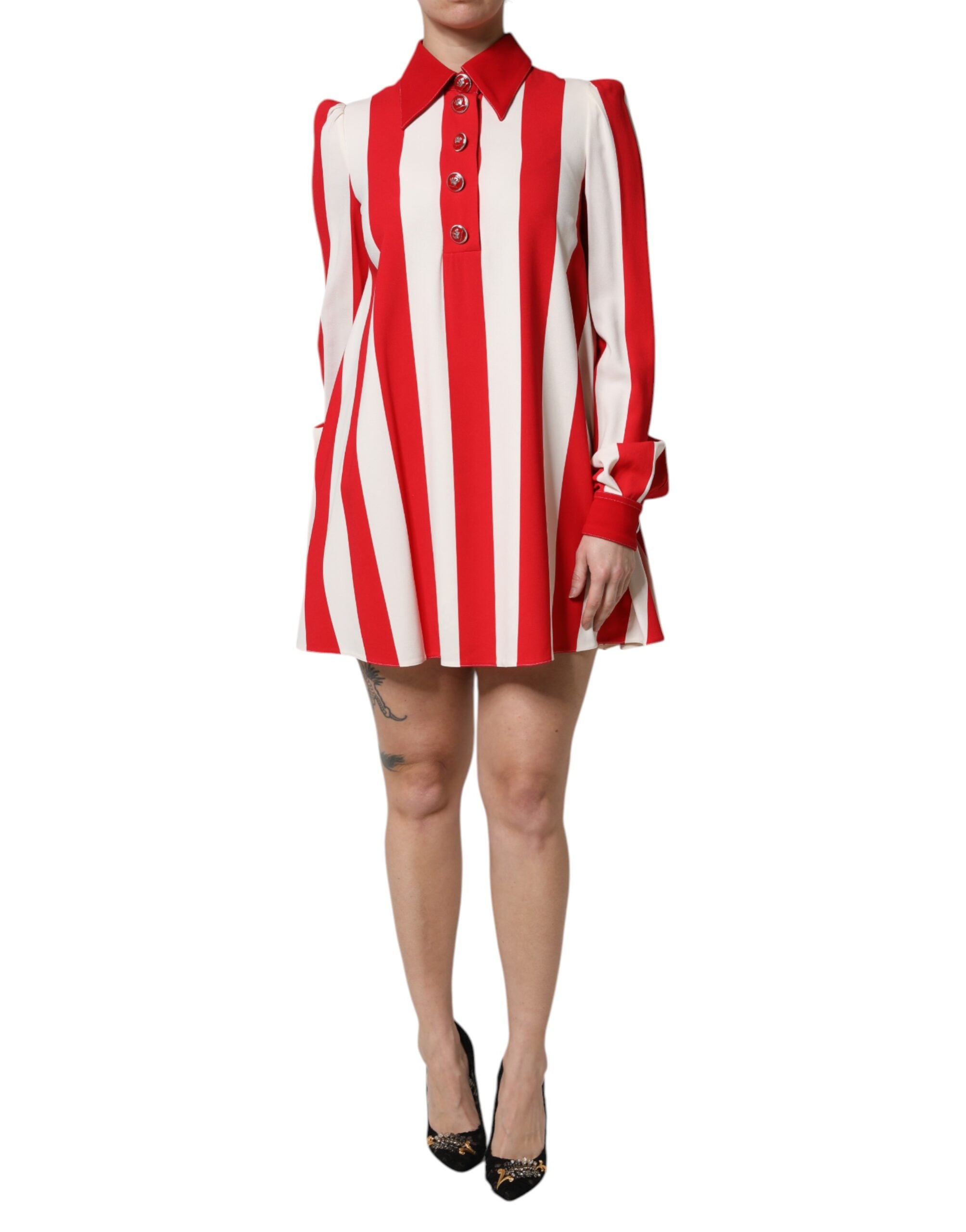 Rochie mini cu mâneci lungi și dungi albe și roșii Dolce & Gabbana