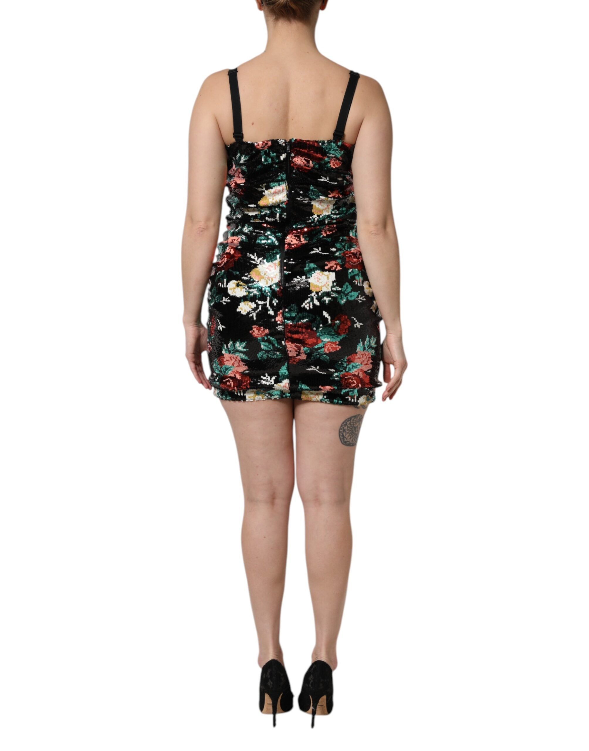 Rochie Dolce & Gabbana neagră cu imprimeu floral și paiete, fără mâneci