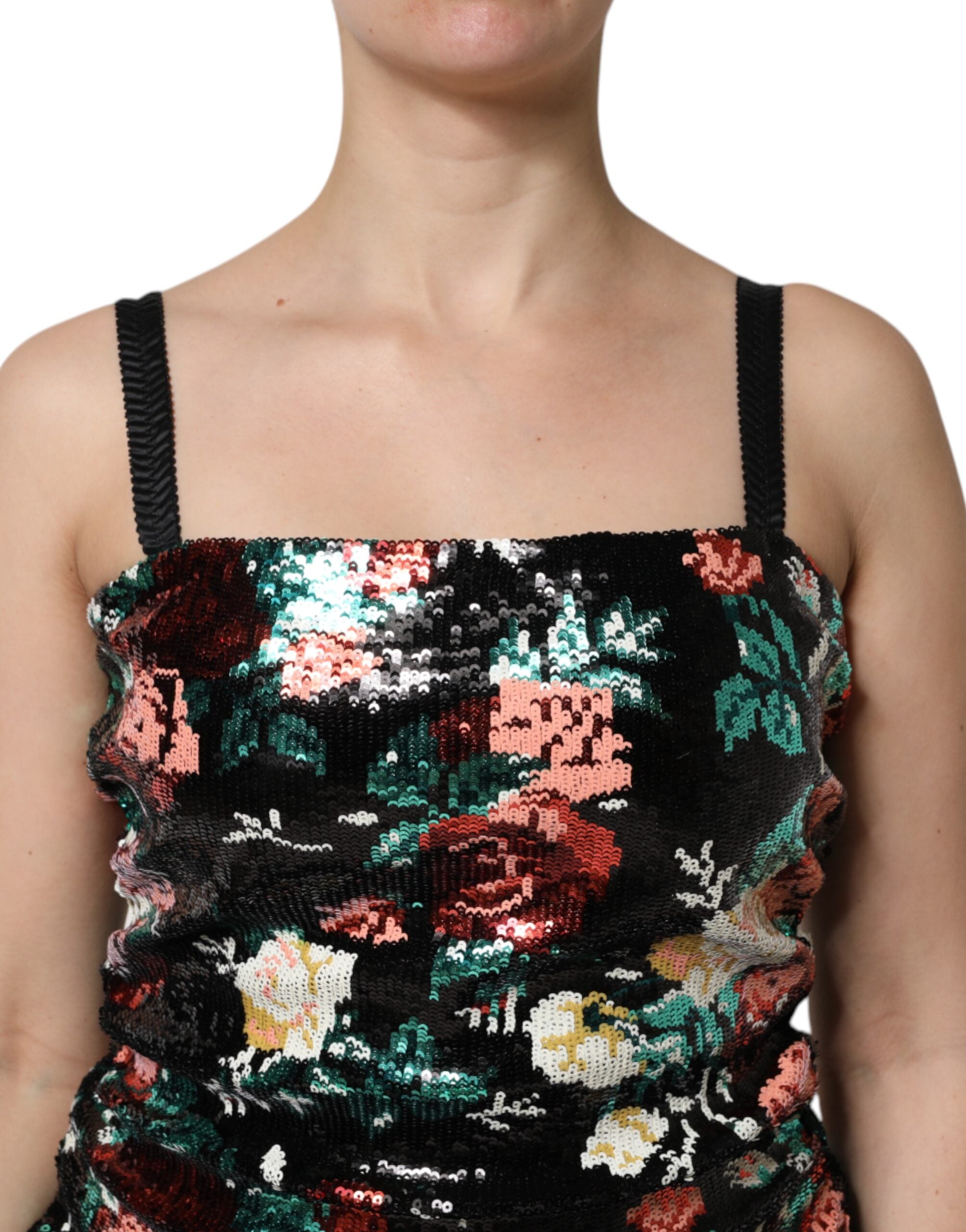 Dolce & Gabbana Schwarzes ärmelloses Etuikleid mit Blumenpailletten