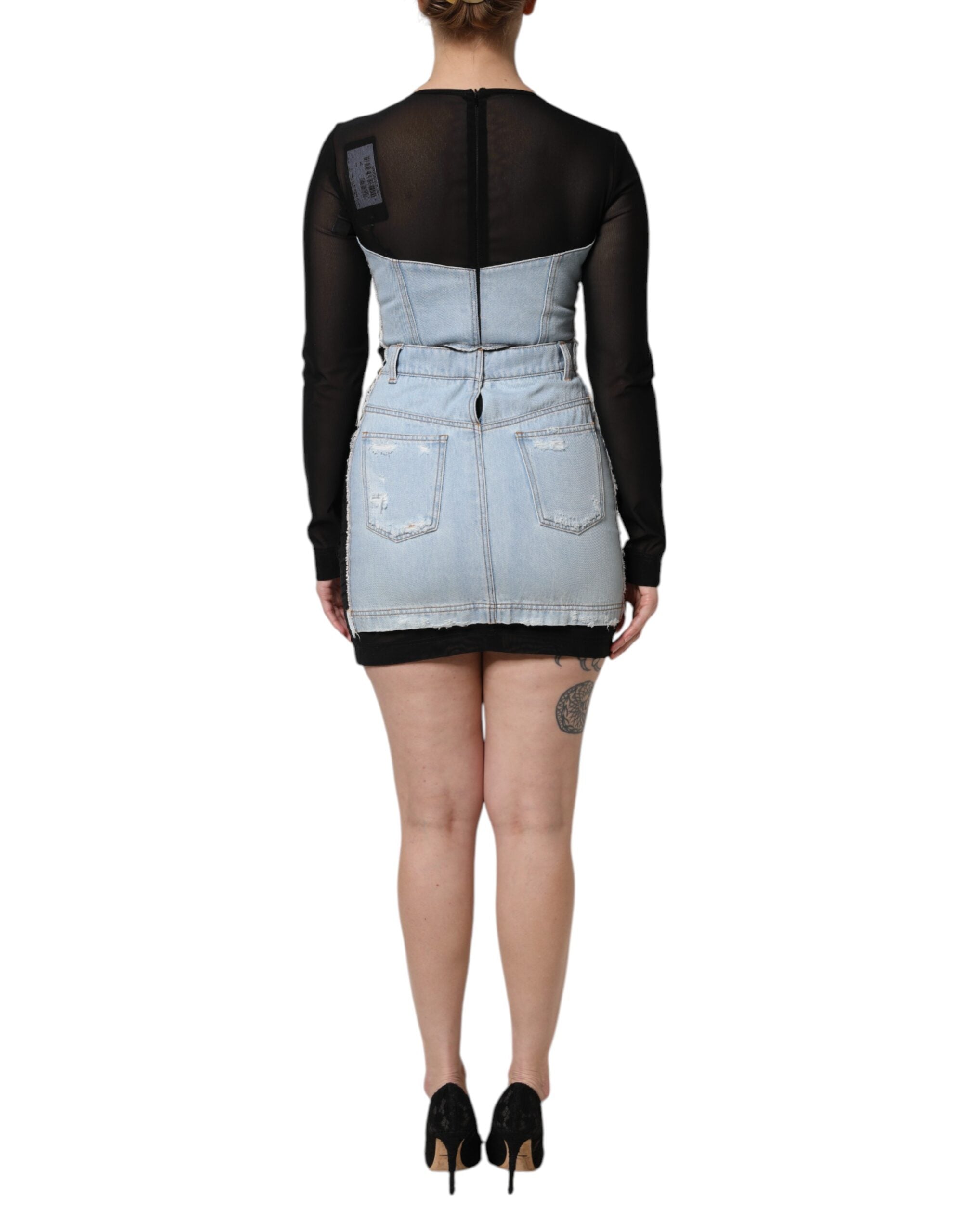 Rochie mini Dolce & Gabbana din denim cu mânecă lungă și negru, albastră