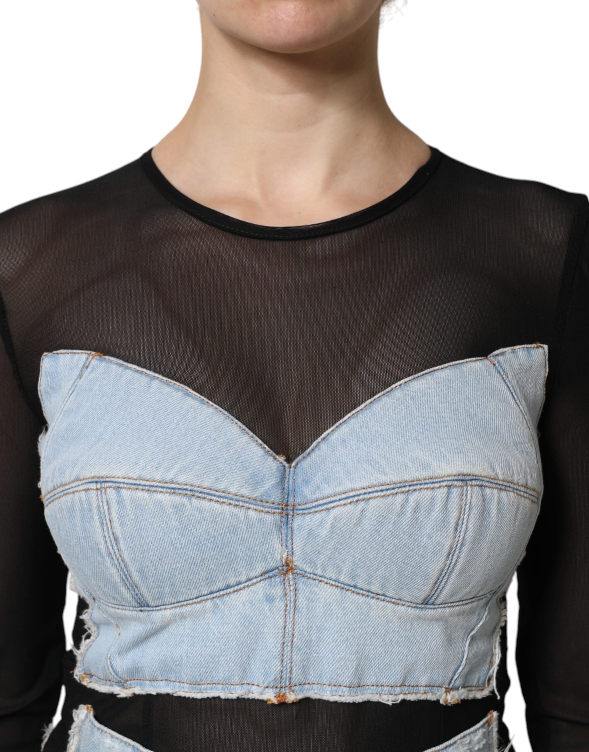 Rochie mini Dolce & Gabbana din denim cu mânecă lungă și negru, albastră