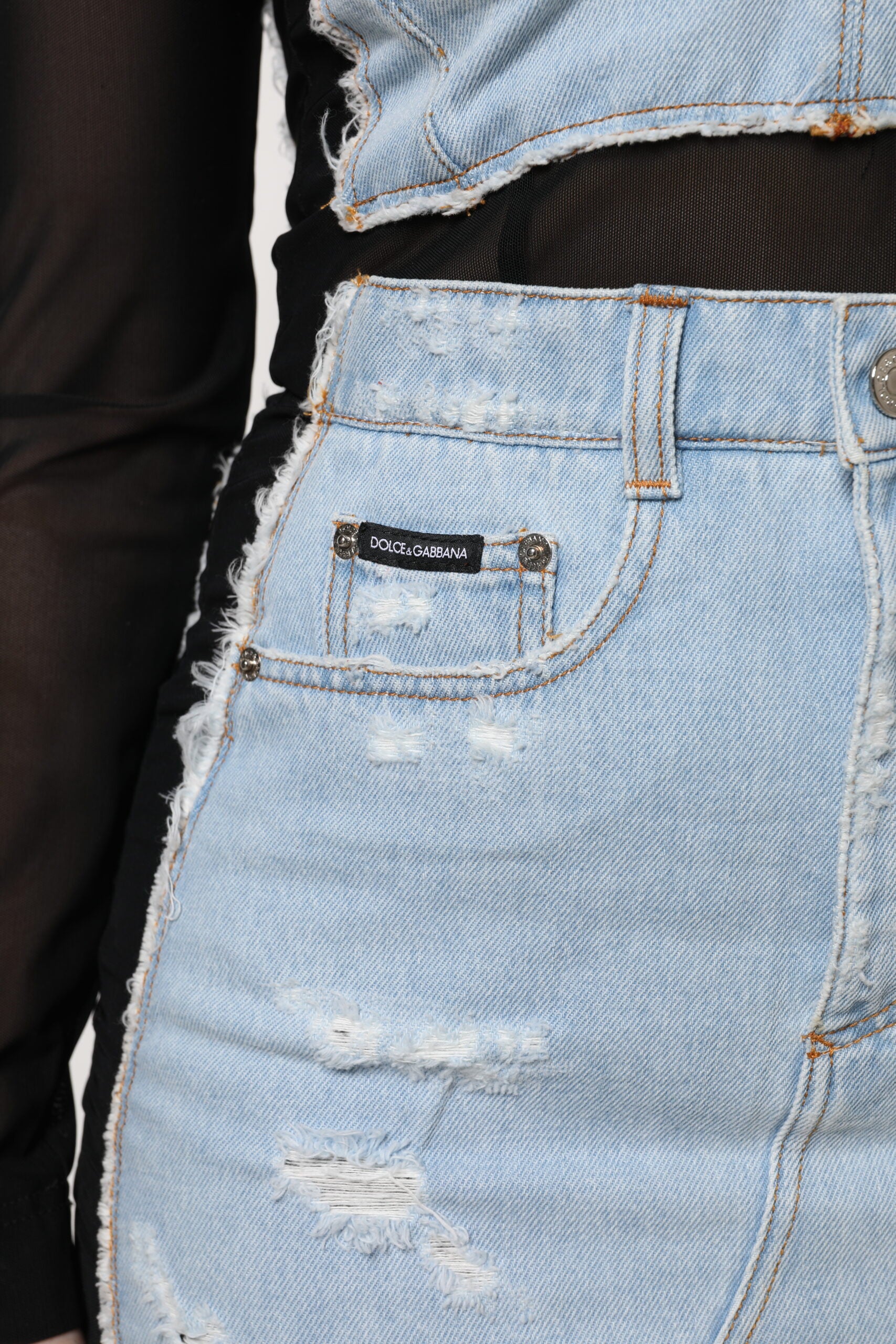 Rochie mini Dolce & Gabbana din denim cu mânecă lungă și negru, albastră