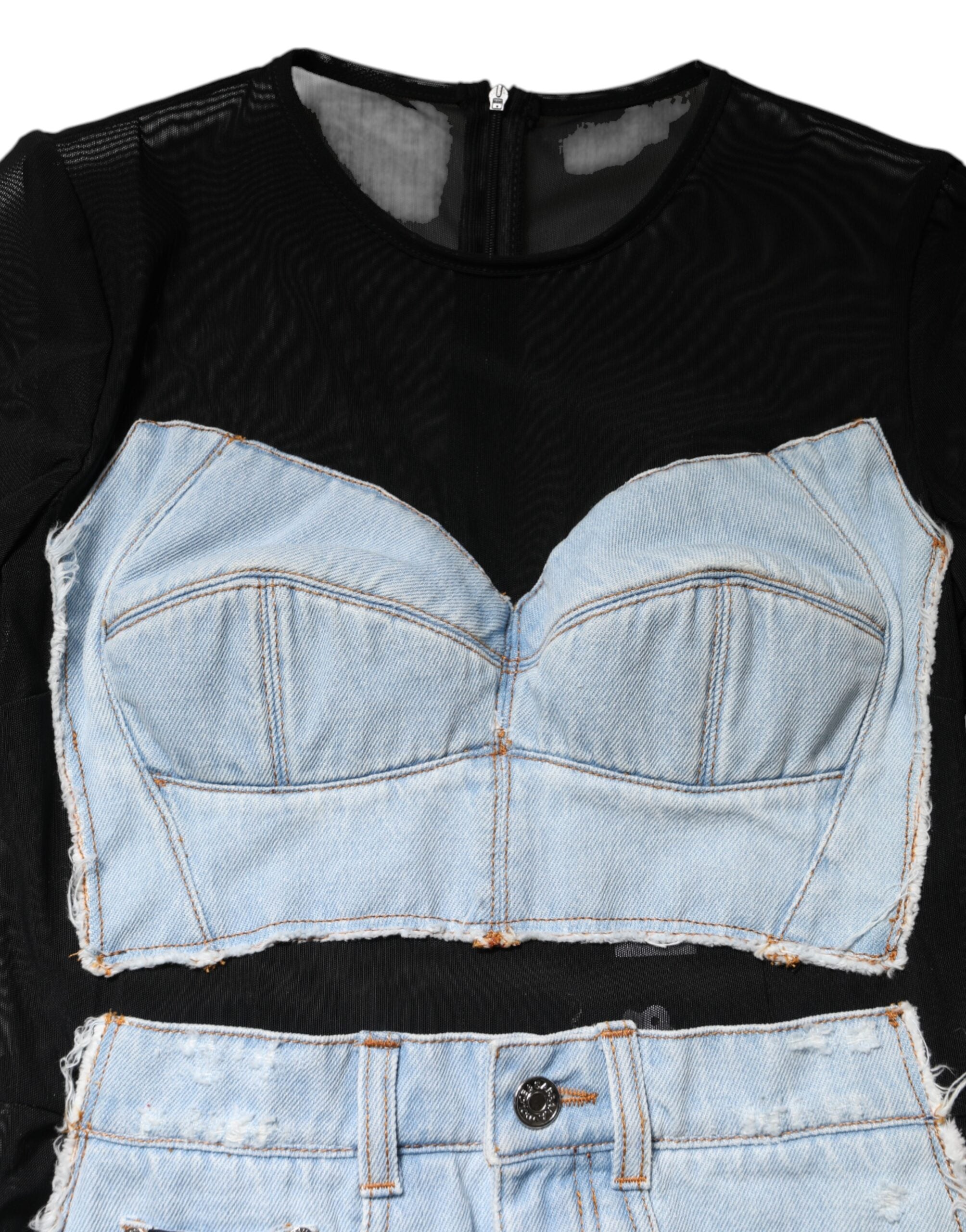 Rochie mini Dolce & Gabbana din denim cu mânecă lungă și negru, albastră