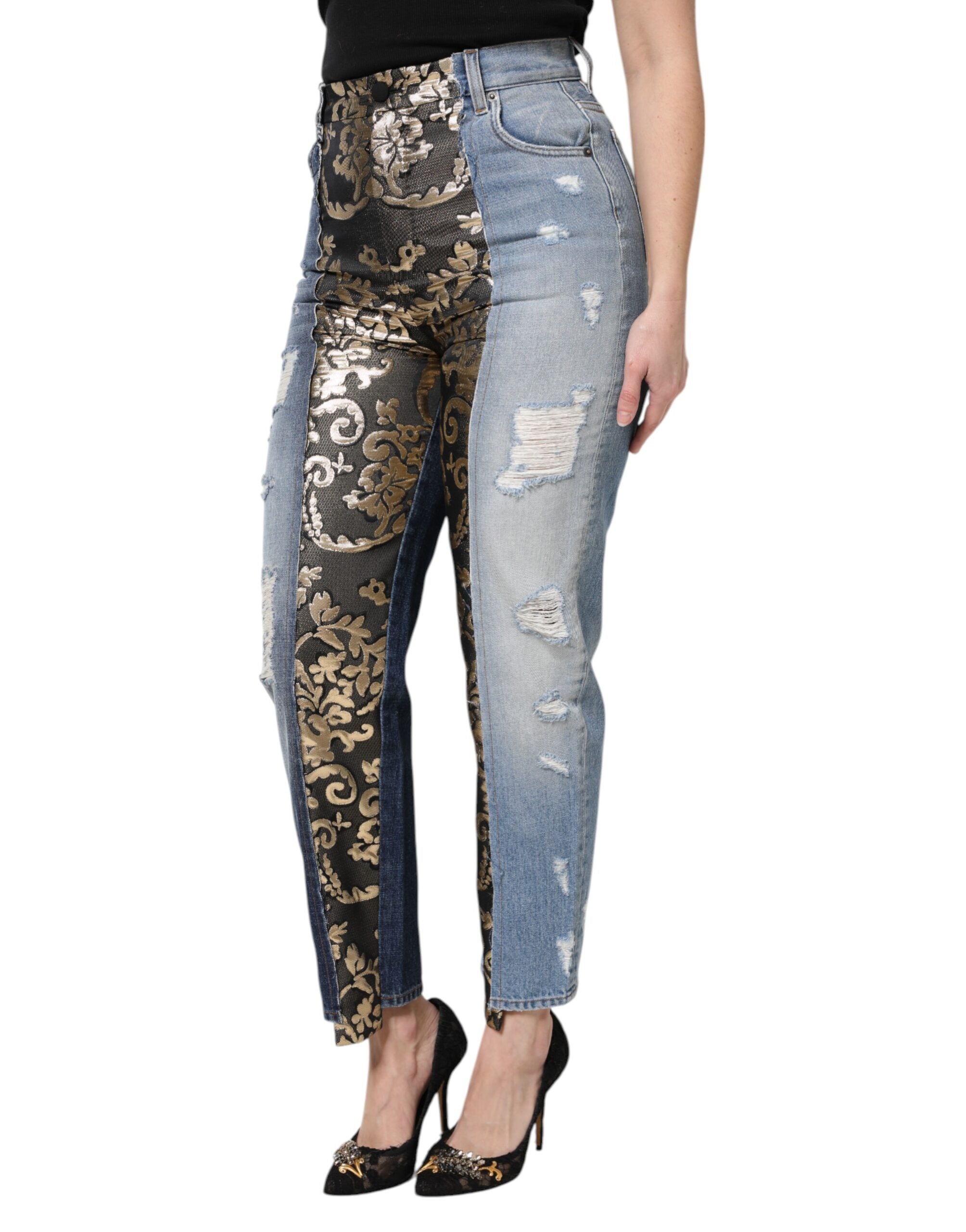 Blugi Dolce & Gabbana din denim cu talie înaltă, cu imprimeu patchwork multicolor