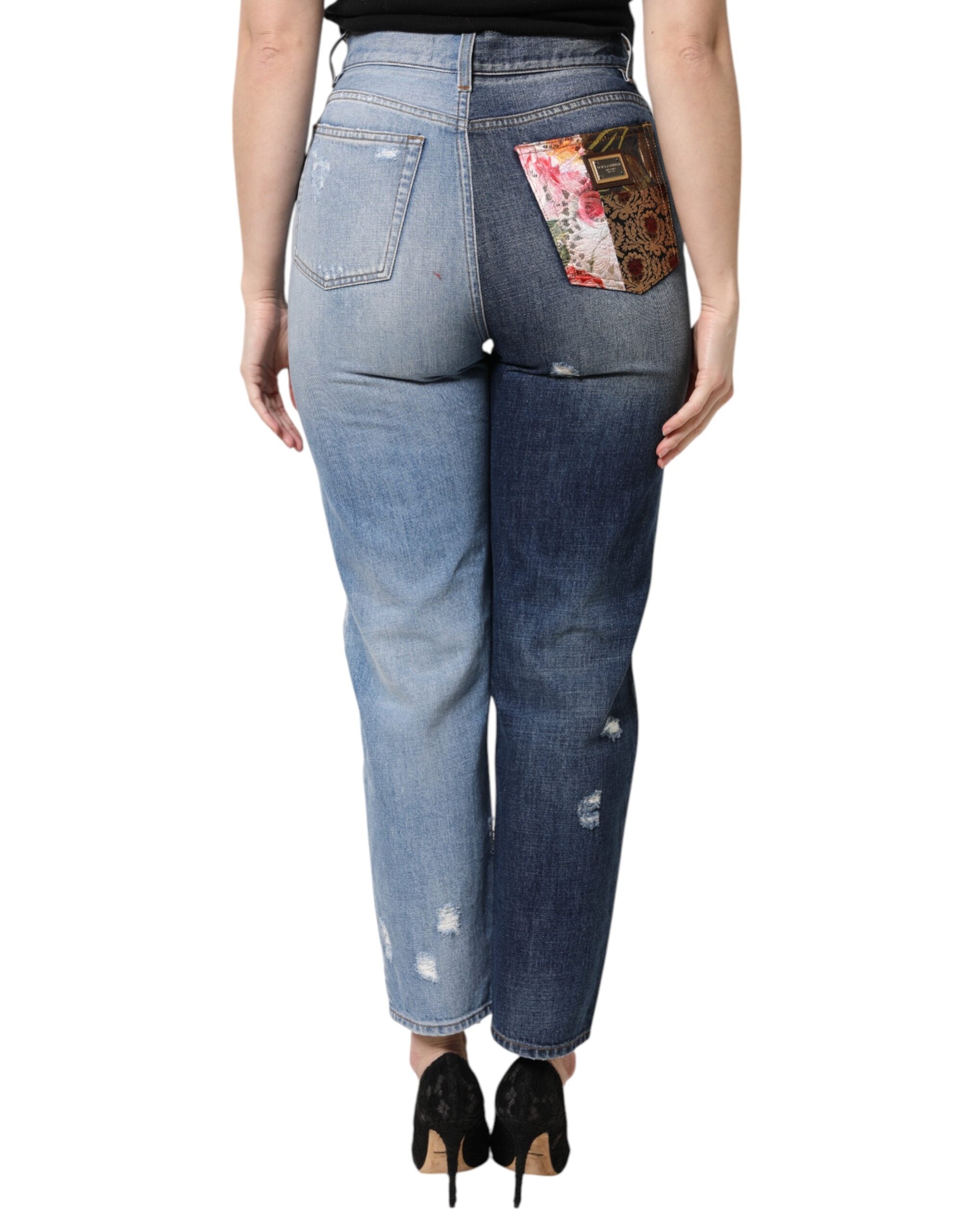 Blugi Dolce & Gabbana din denim cu talie înaltă, cu imprimeu patchwork multicolor
