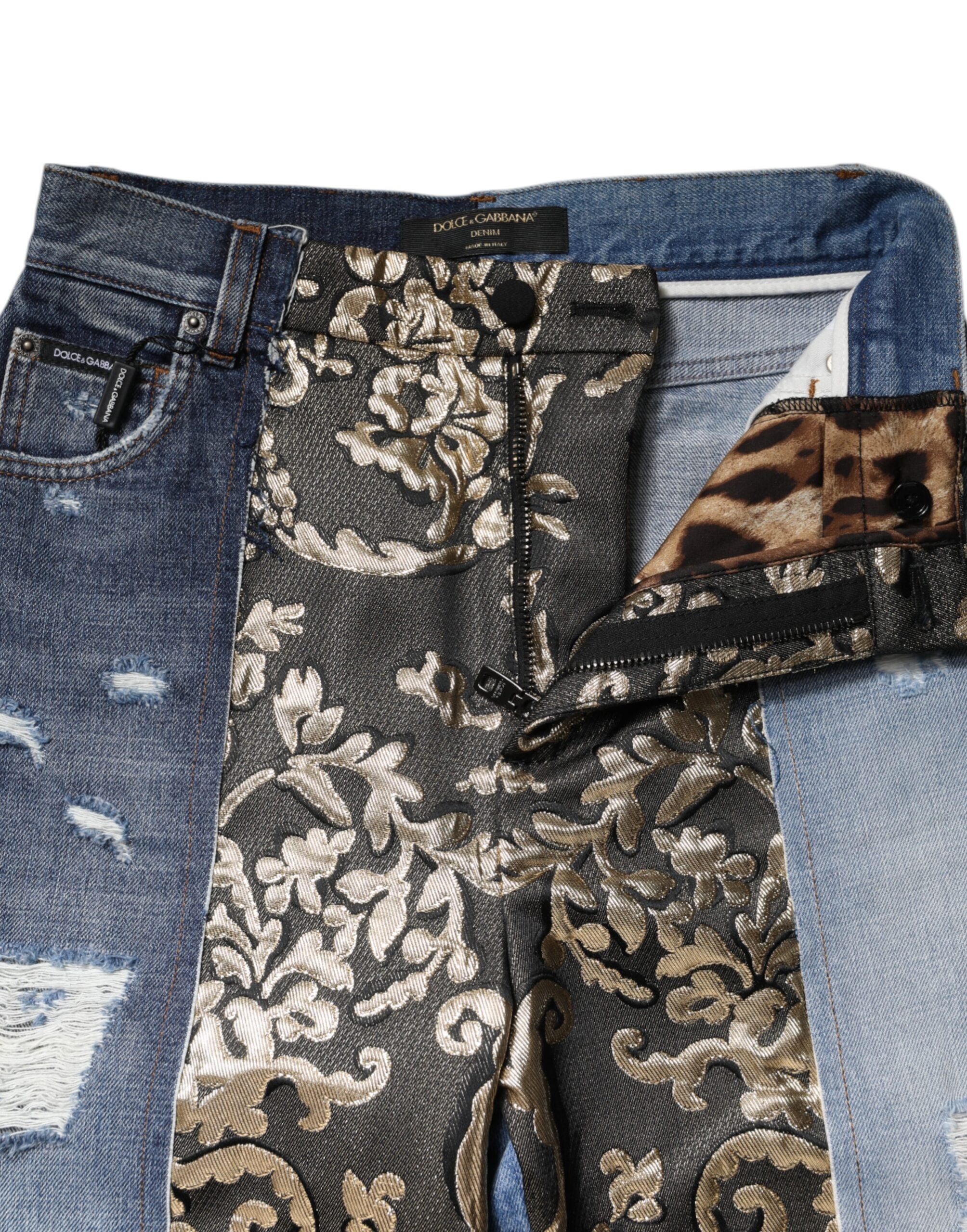 Blugi Dolce & Gabbana din denim cu talie înaltă, cu imprimeu patchwork multicolor