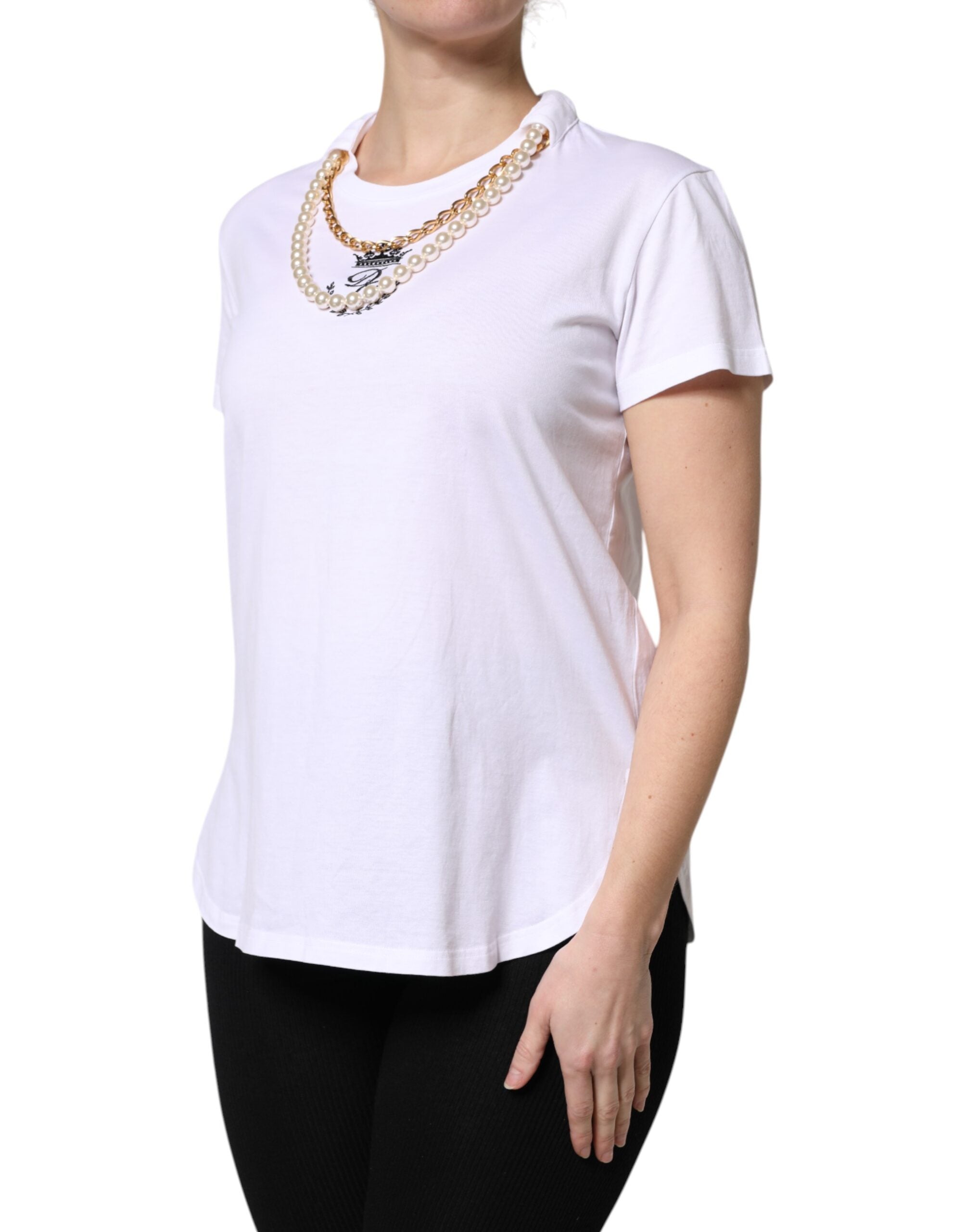 Tricou Dolce & Gabbana cu guler rotund din bumbac și perle albe